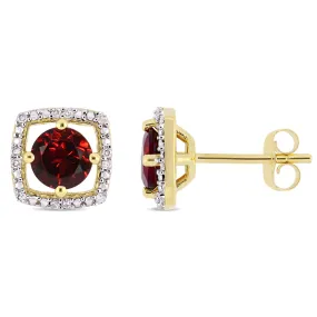 1 1/5 CT TGW Garnet and Diamond Halo Square Stud Earrings in 10k Yellow Gold