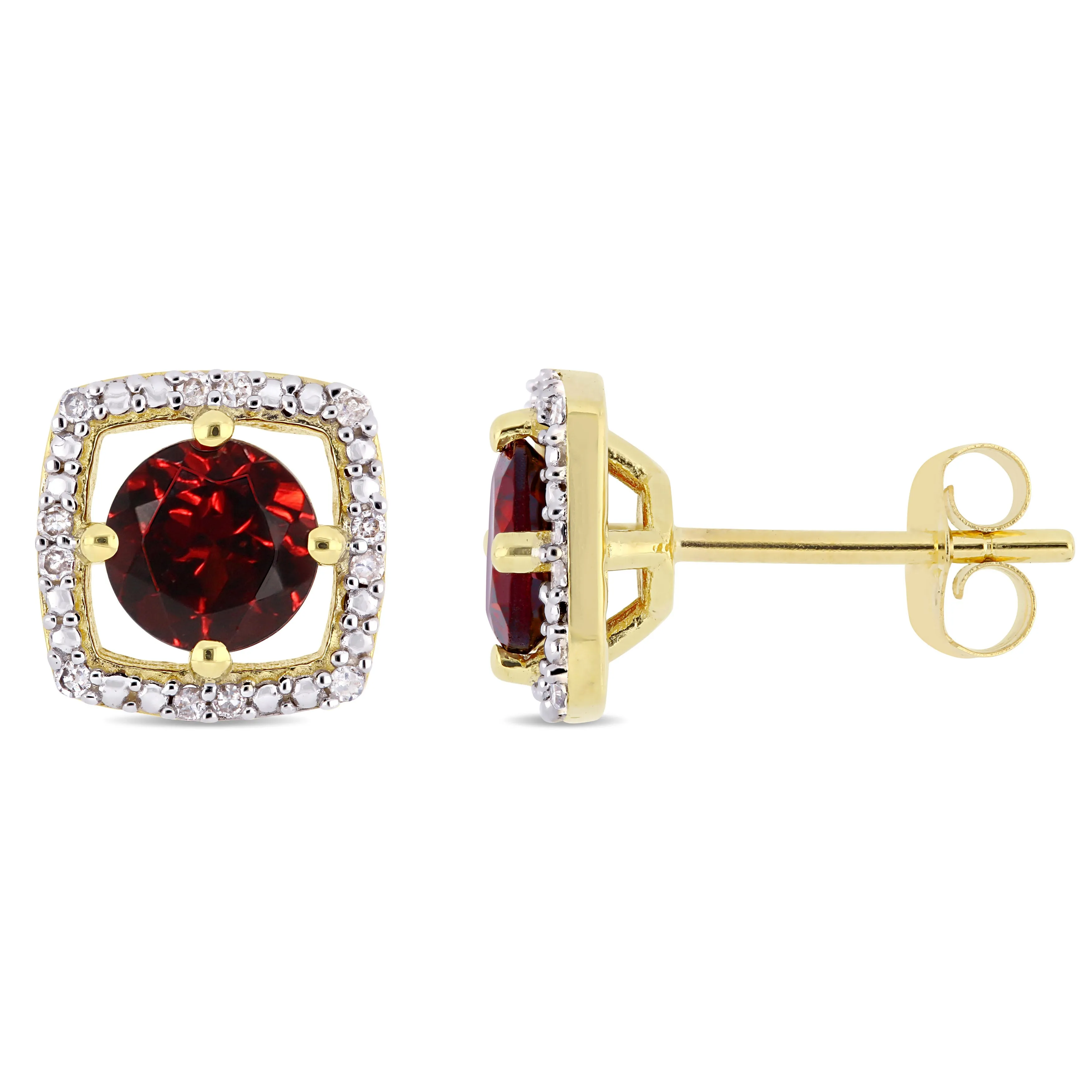 1 1/5 CT TGW Garnet and Diamond Halo Square Stud Earrings in 10k Yellow Gold