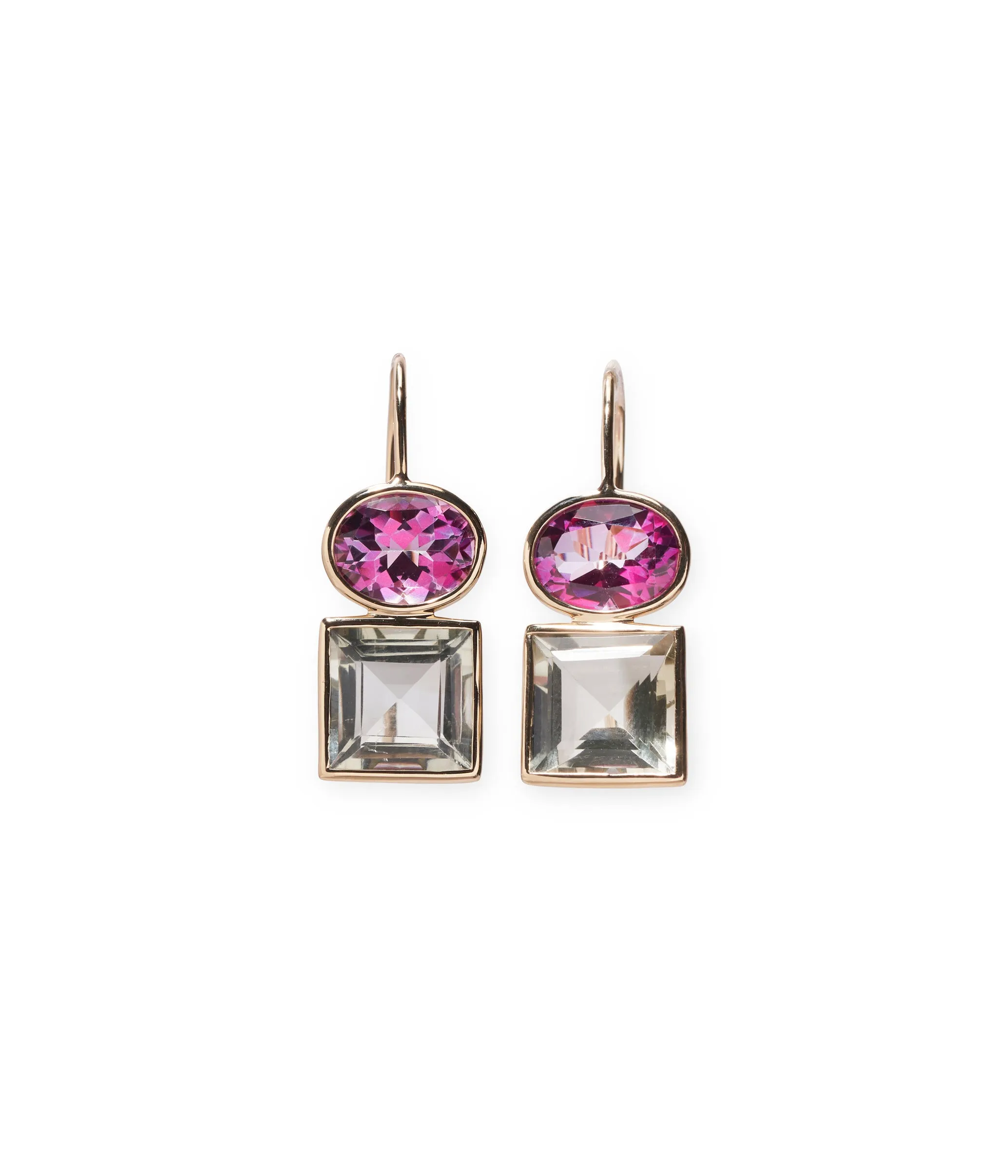 14k Gold Duo Earrings in Pink Topaz & Green Amethyst