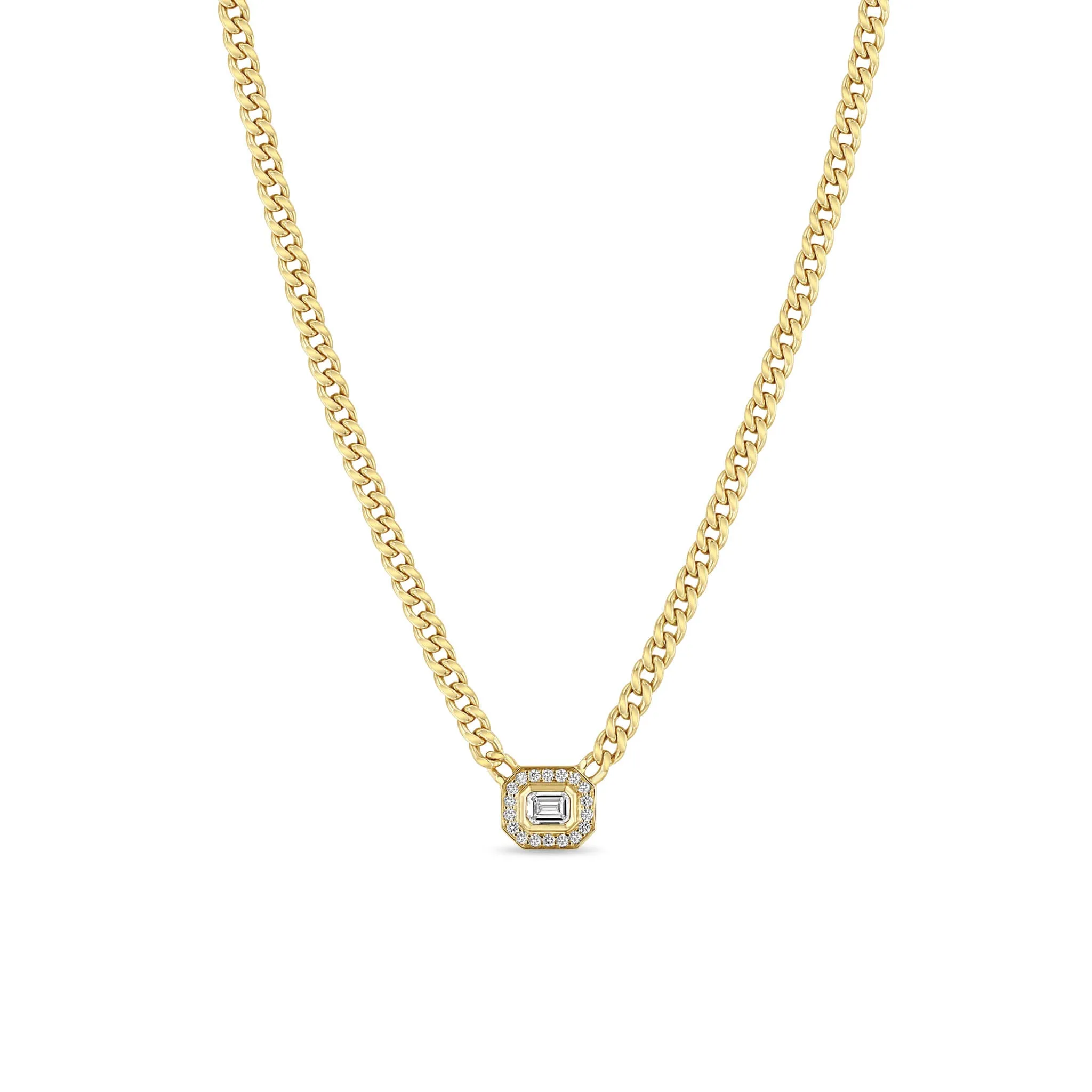 14k Small Curb Chain Emerald Cut Diamond Halo Necklace