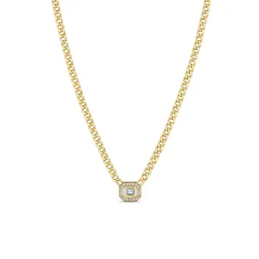 14k Small Curb Chain Emerald Cut Diamond Halo Necklace