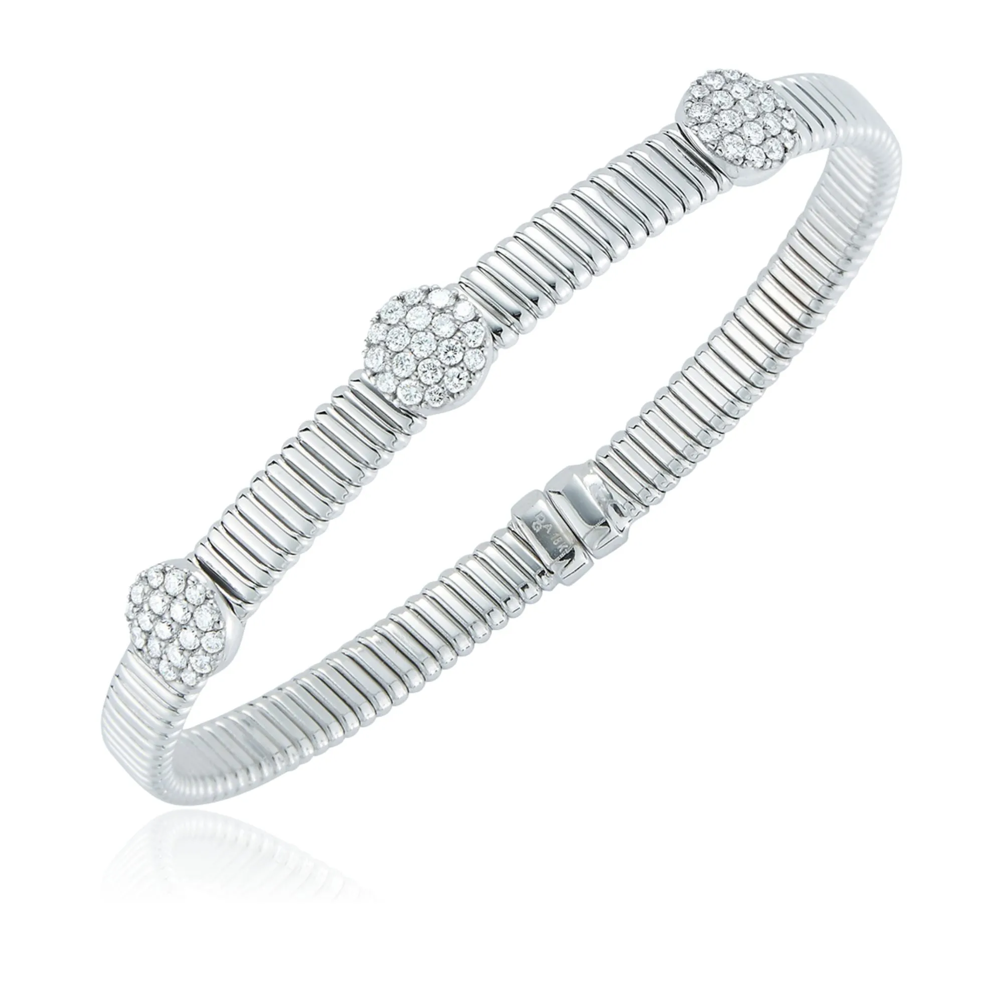 18K WHITE GOLD FLEXIBLE RIBBED CUFF BRACELET WITH PAVE DIAMOND STATIONS 0.80CTW