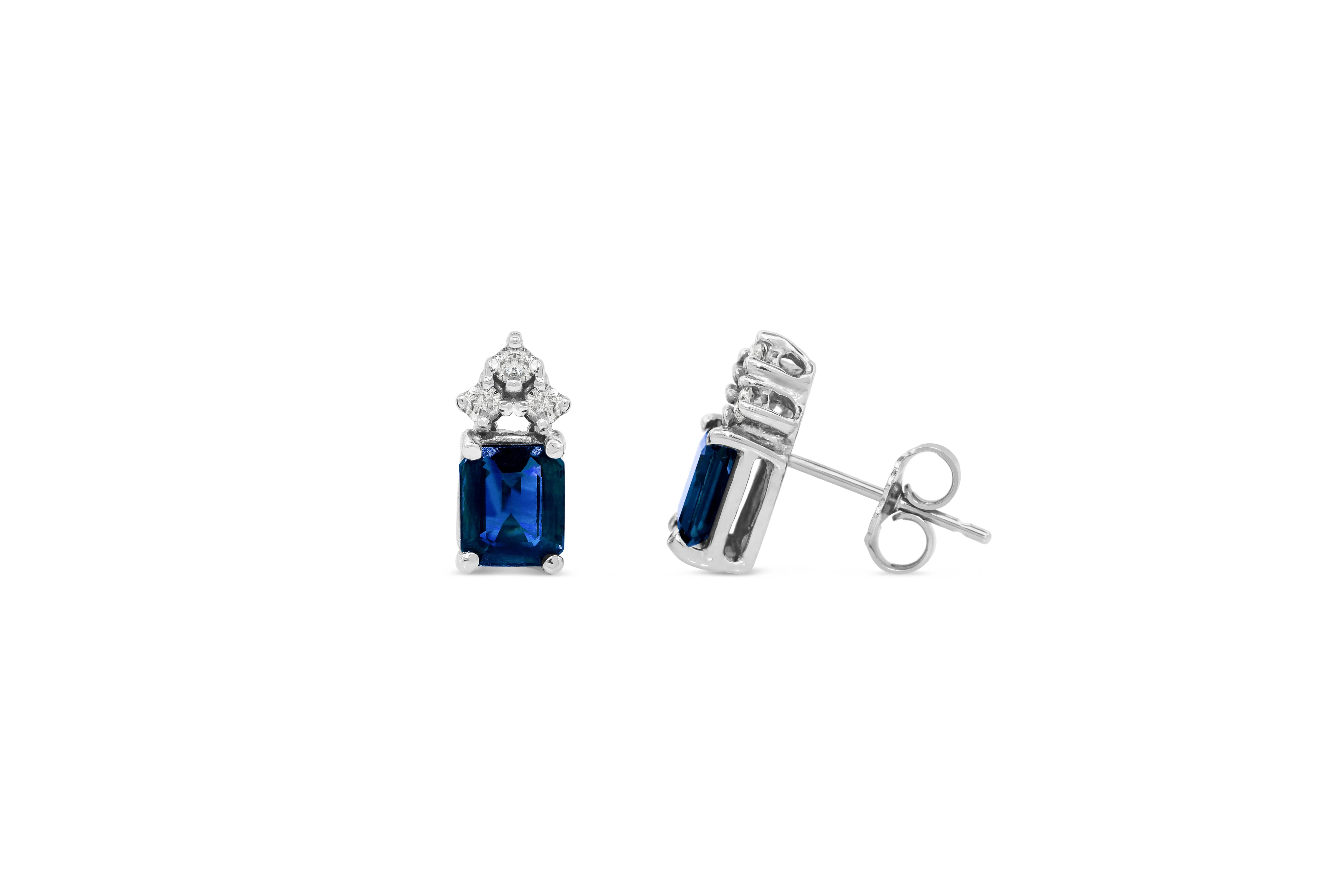 2.05 Emerald Cut Blue Sapphire Earring 0.20 CT TW Diamonds 14K White Gold SER002