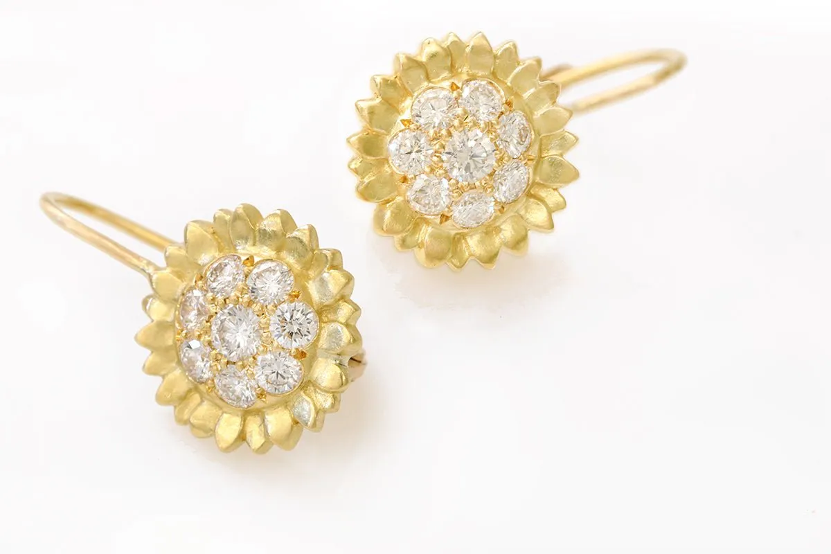 20K Gold and Pave Diamond Sunflower Earrings