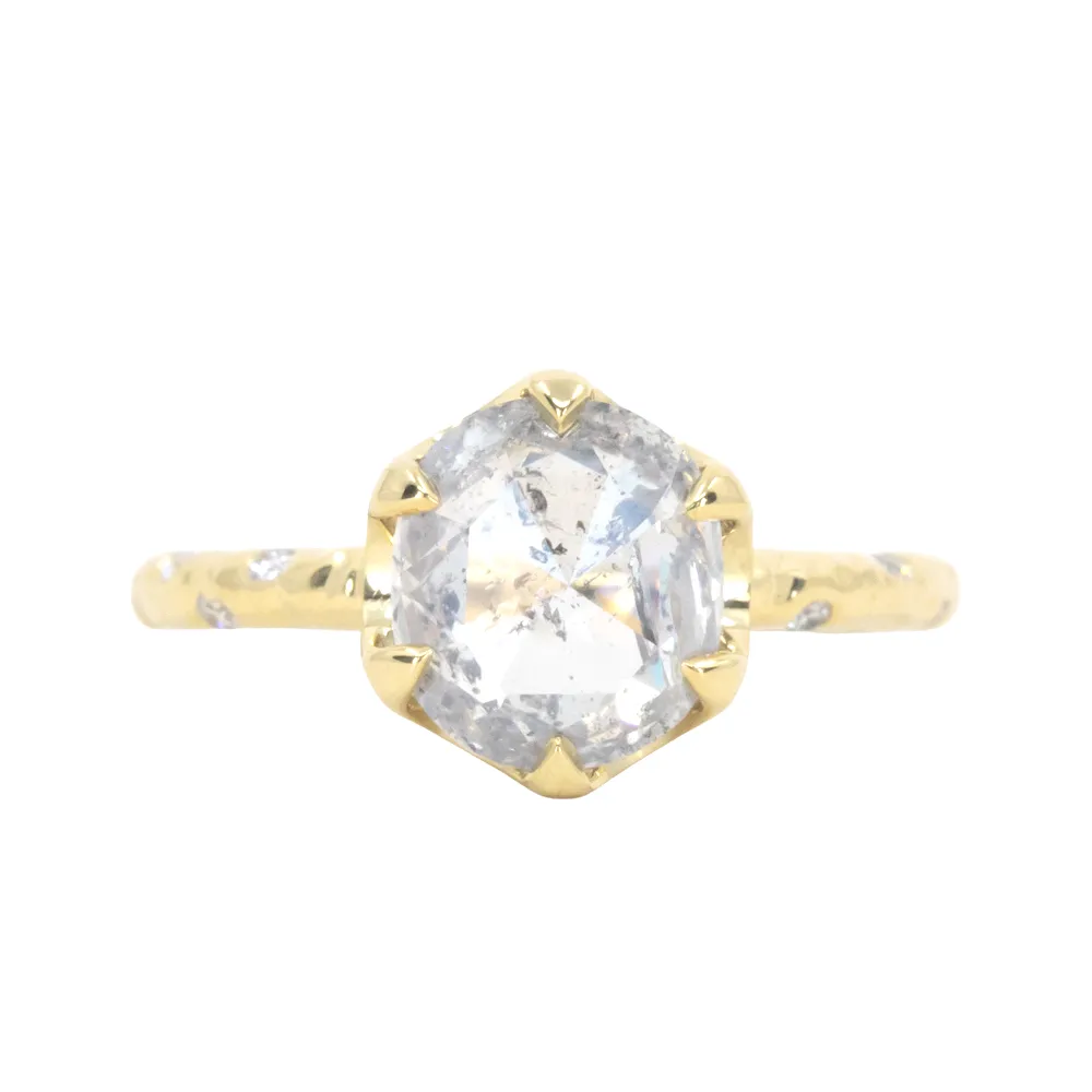 2.63ct Rosecut Salt and Pepper Diamond and Scattered, Embedded Diamond Evergreen Low Profile Antique Style Ring in 18k Yellow Gold