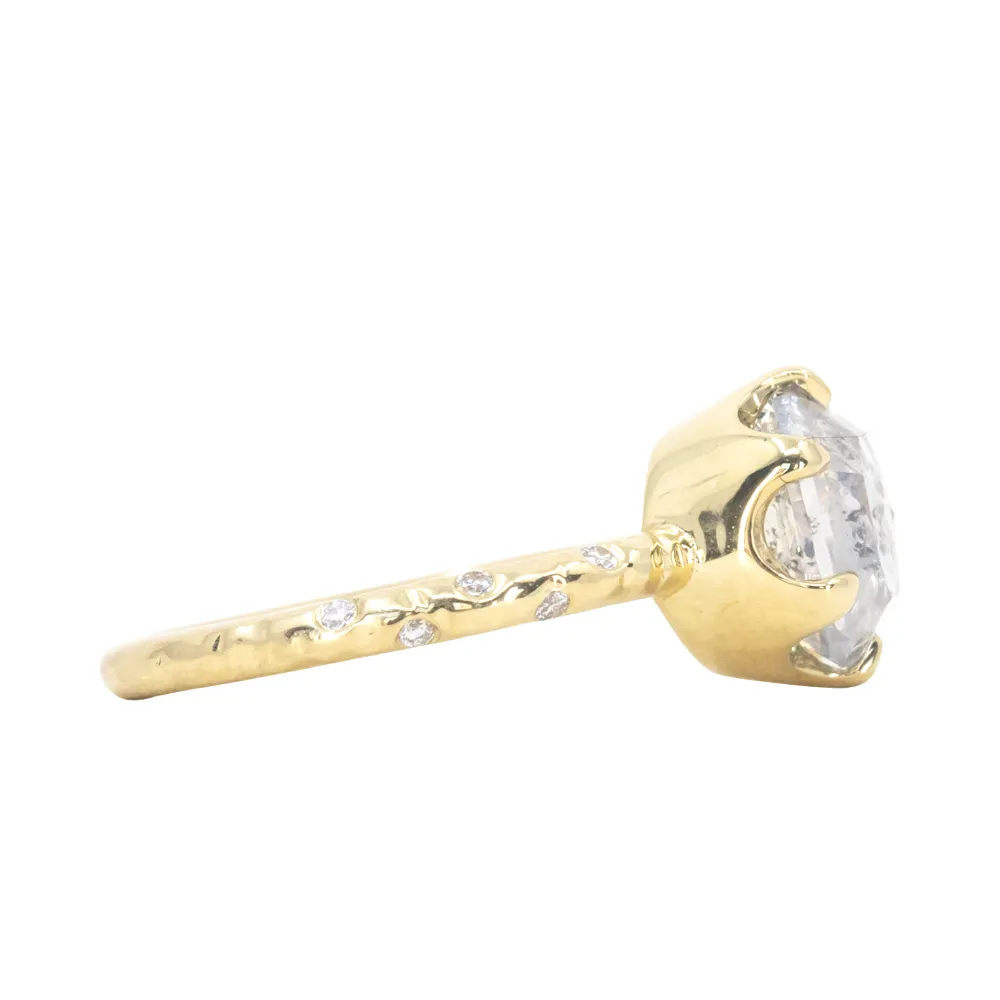 2.63ct Rosecut Salt and Pepper Diamond and Scattered, Embedded Diamond Evergreen Low Profile Antique Style Ring in 18k Yellow Gold