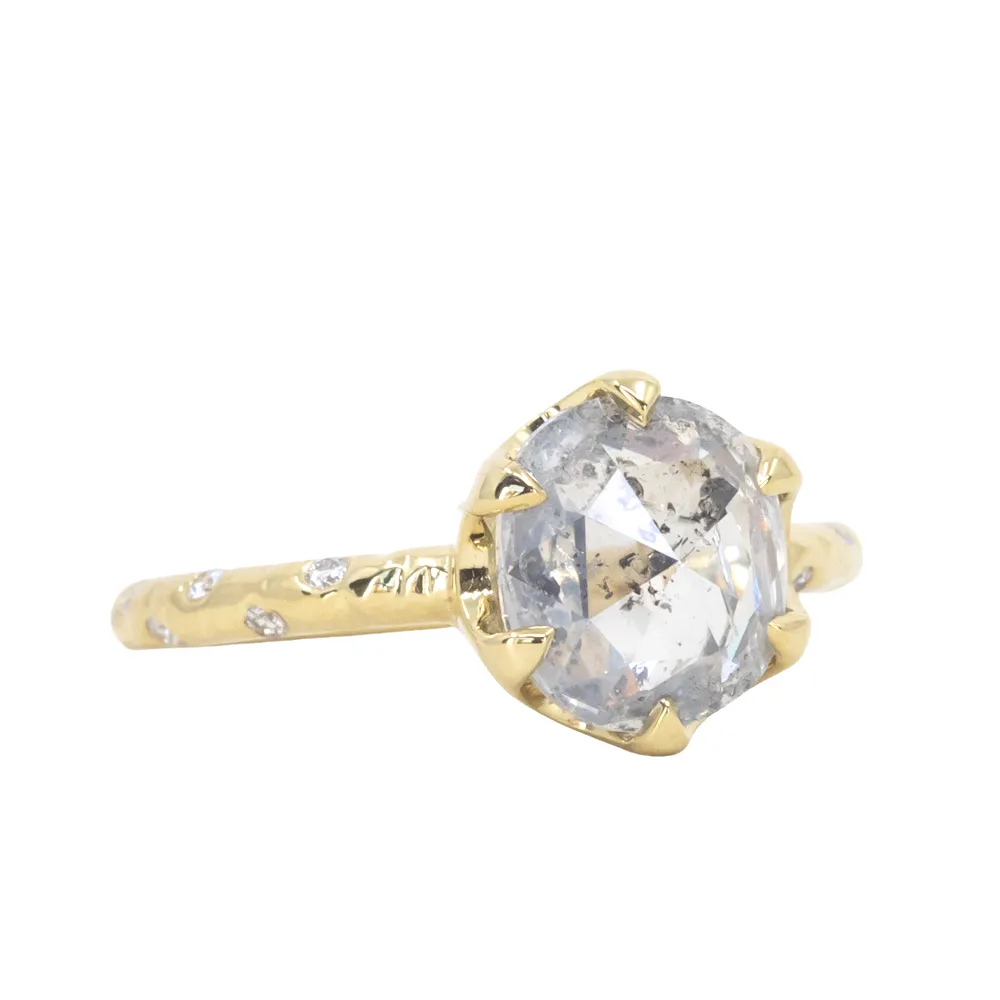 2.63ct Rosecut Salt and Pepper Diamond and Scattered, Embedded Diamond Evergreen Low Profile Antique Style Ring in 18k Yellow Gold