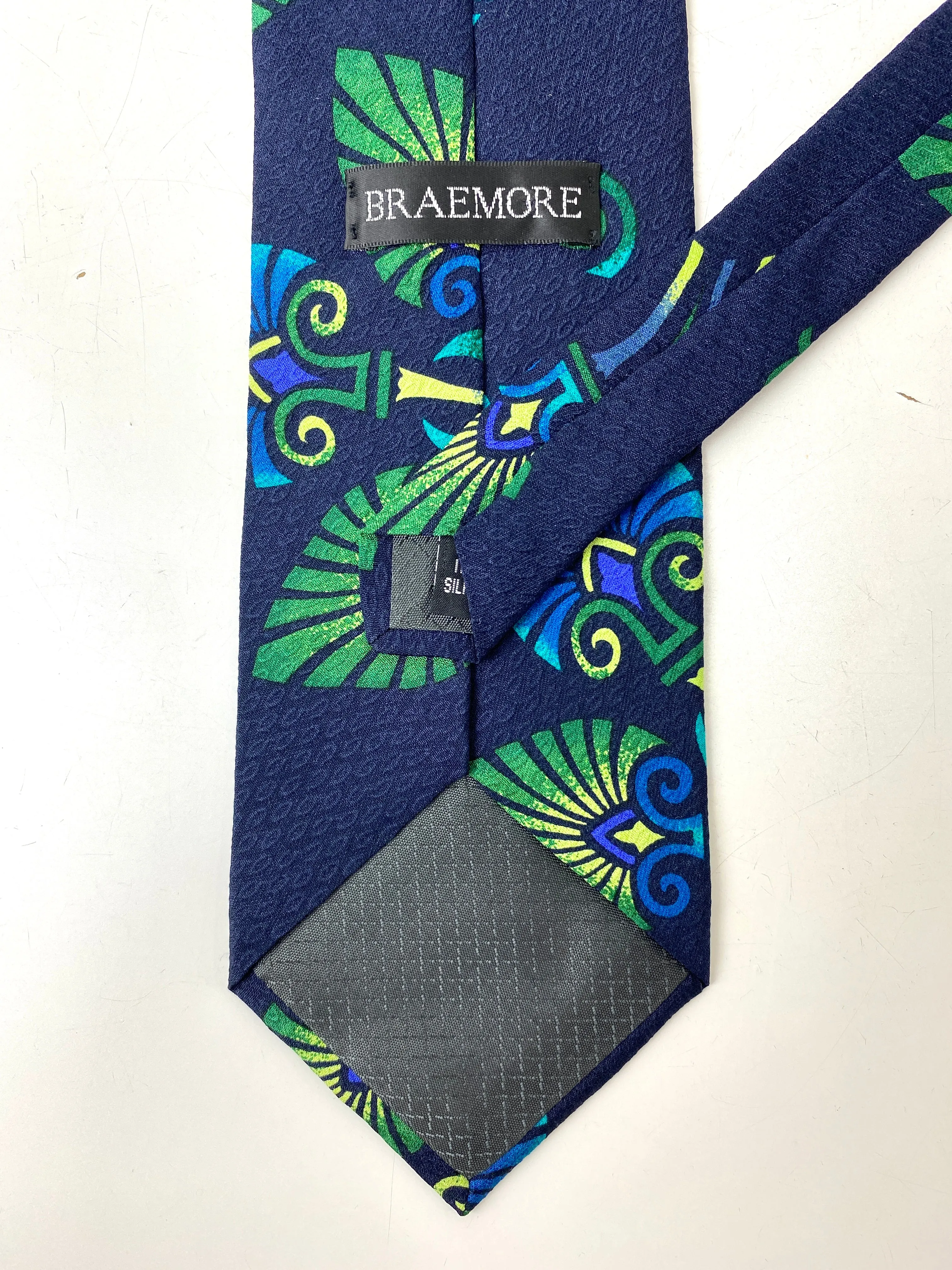 90s Deadstock Silk Necktie, Men's Vintage Blue/ Green Polynesian Tiki Pattern Tie, NOS