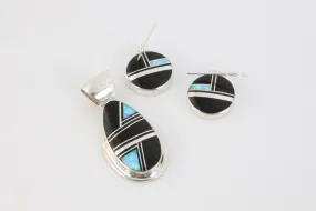 925 Silver Black & Opalite Pendant & Earrings Set (12.92g.)