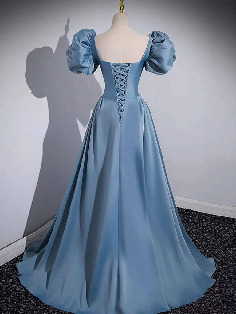 A-Line Satin Blue Long Prom Dress, Blue Long Formal Dress