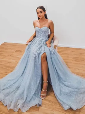 A-Line Sweetheart Neck Blue Long Prom Dresses, Blue Formal Graduation Dress