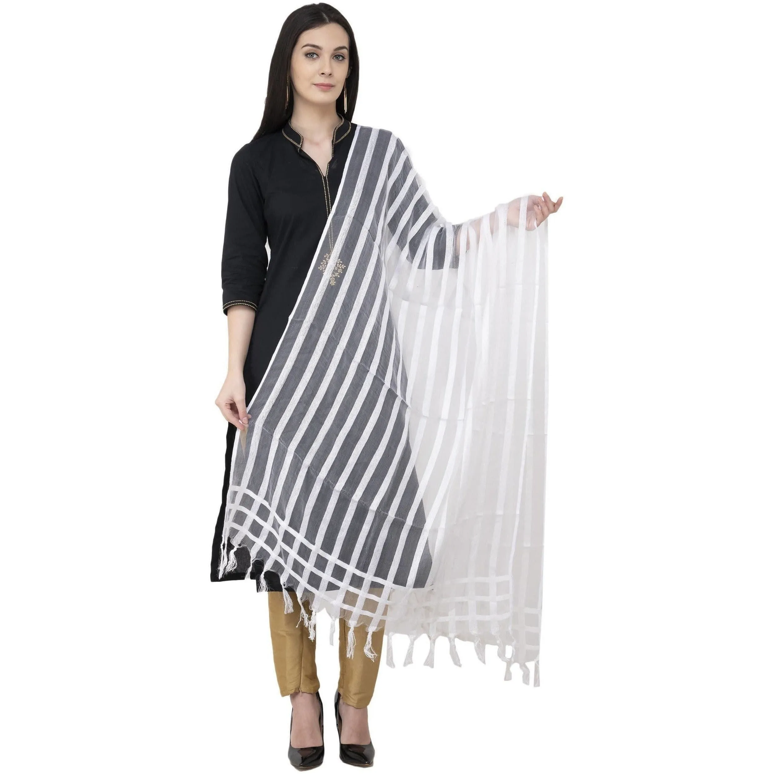 A R Silk Moti Luv Luv Stripe Regular Dupatta White Color Dupatta or Chunni