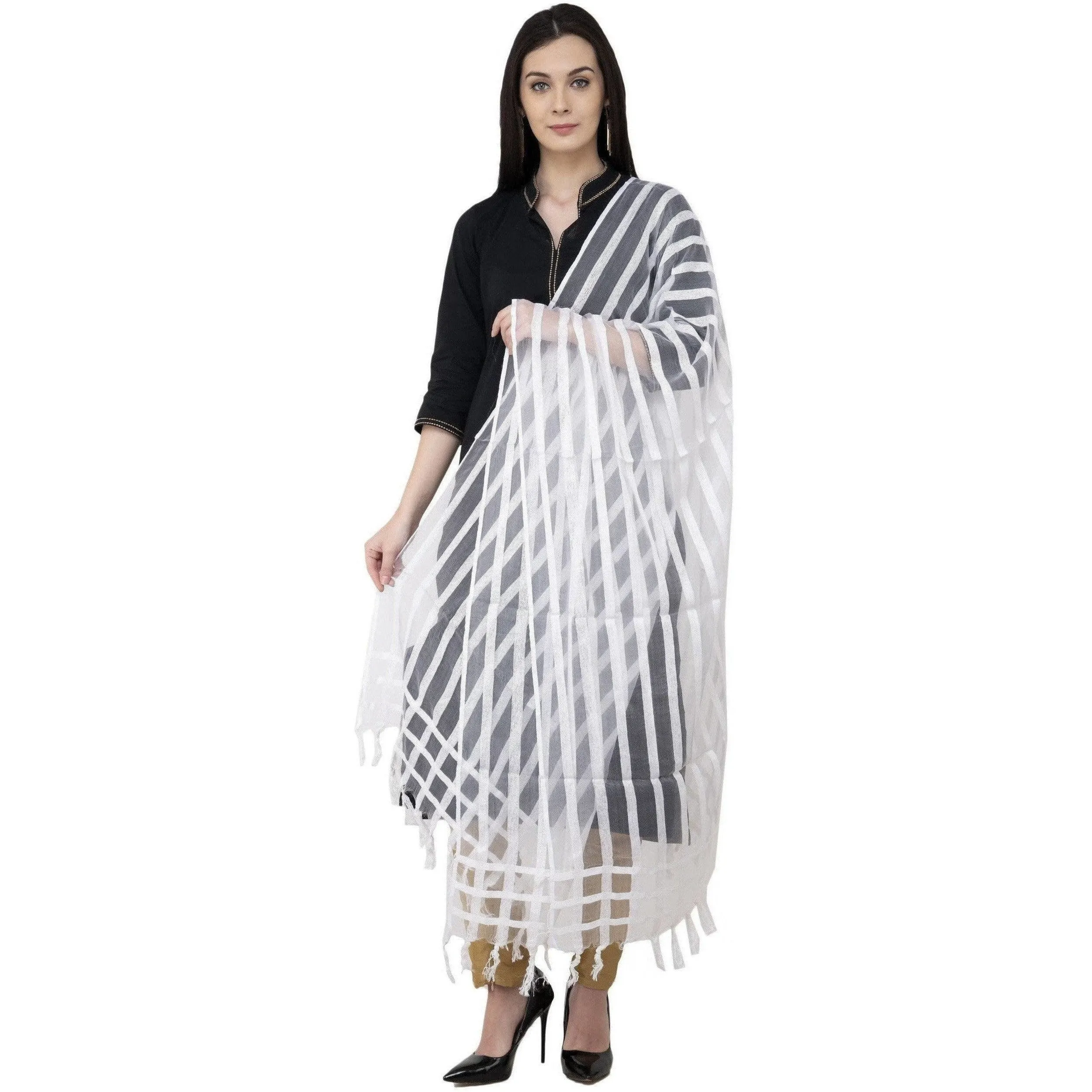 A R Silk Moti Luv Luv Stripe Regular Dupatta White Color Dupatta or Chunni