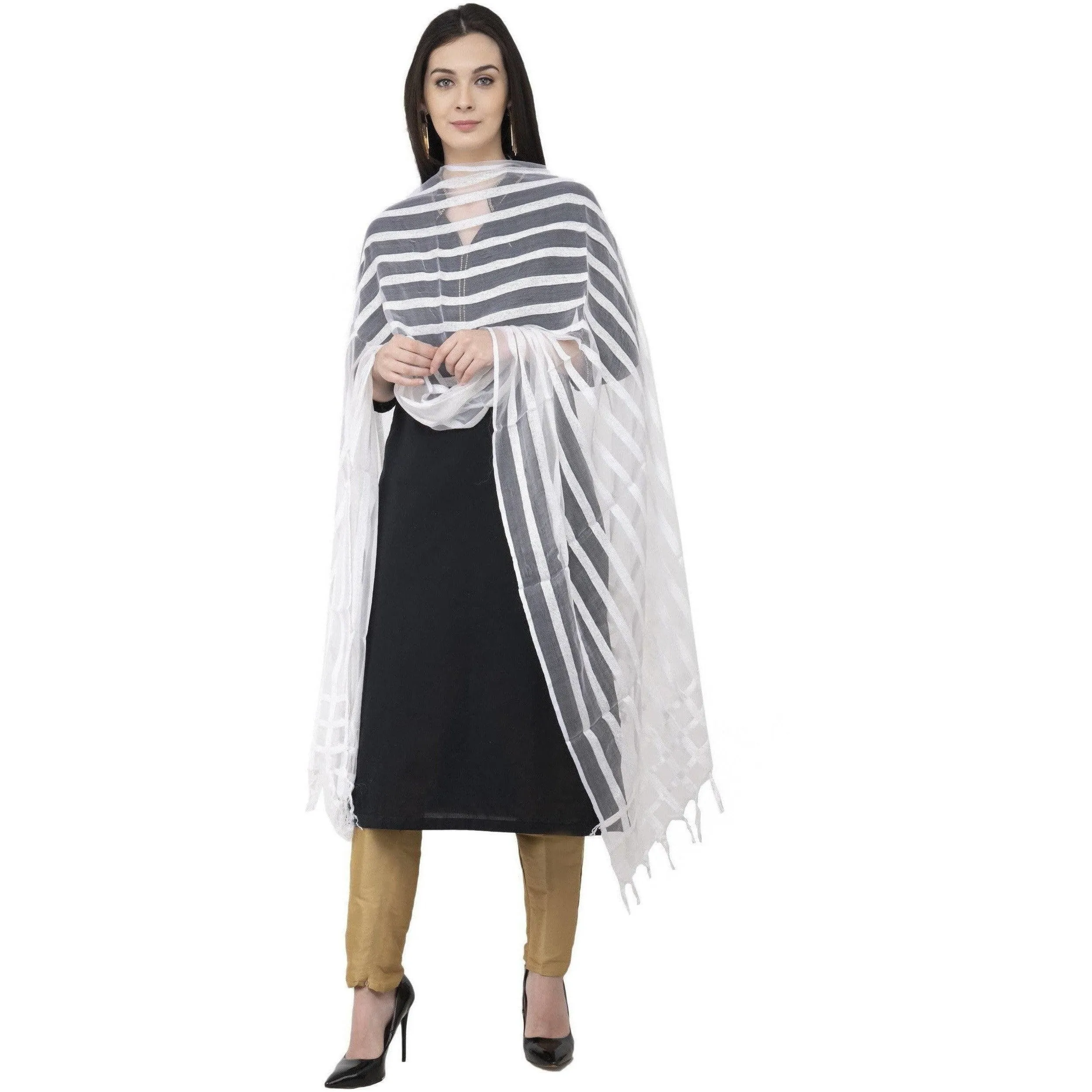 A R Silk Moti Luv Luv Stripe Regular Dupatta White Color Dupatta or Chunni