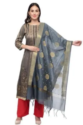 A R Silk Women's Vanarsi Silk Zari Embroidery Grey Dupatta