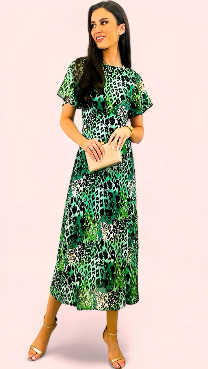 A1607 Britney Green Print Angel Sleeve Midi Dress