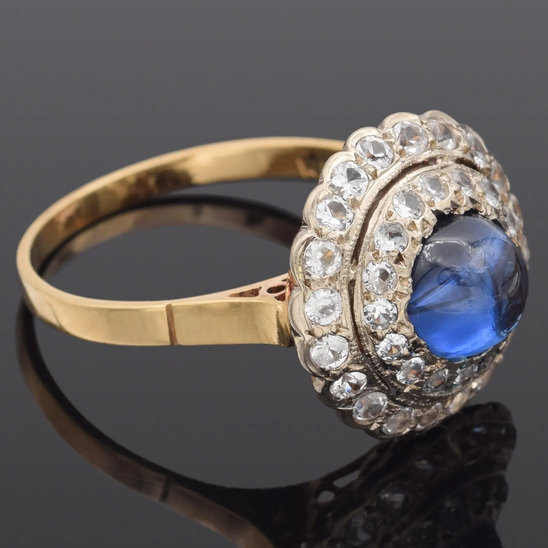 Antique 18K Yellow Gold 2.01 Ct Blue Sapphire & White Spinel Band Ring Size 7.5