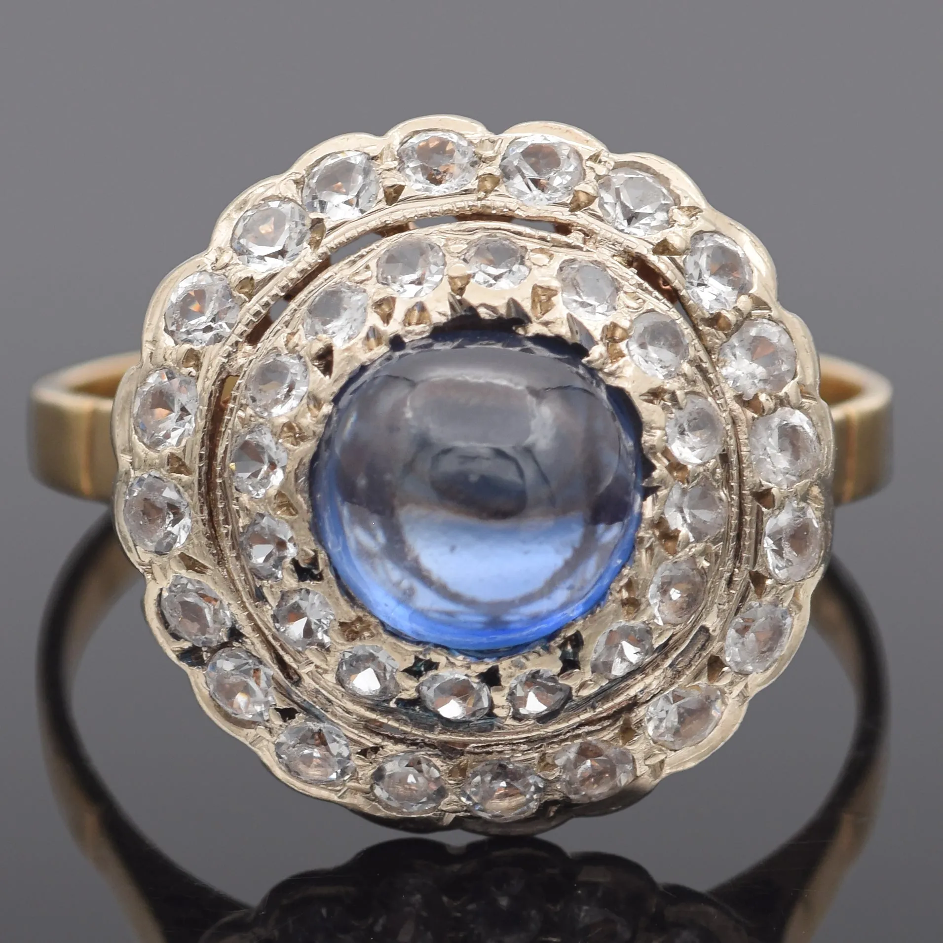 Antique 18K Yellow Gold 2.01 Ct Blue Sapphire & White Spinel Band Ring Size 7.5