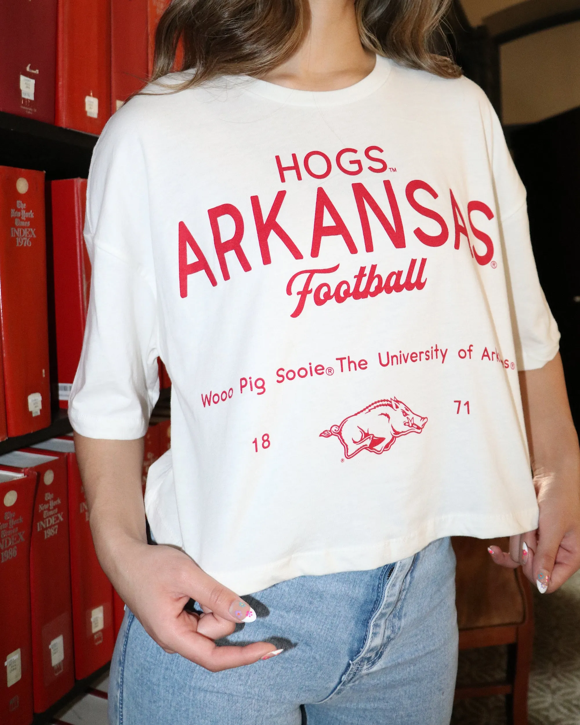 Arkansas Razorbacks Shot Off White Cropped Tee