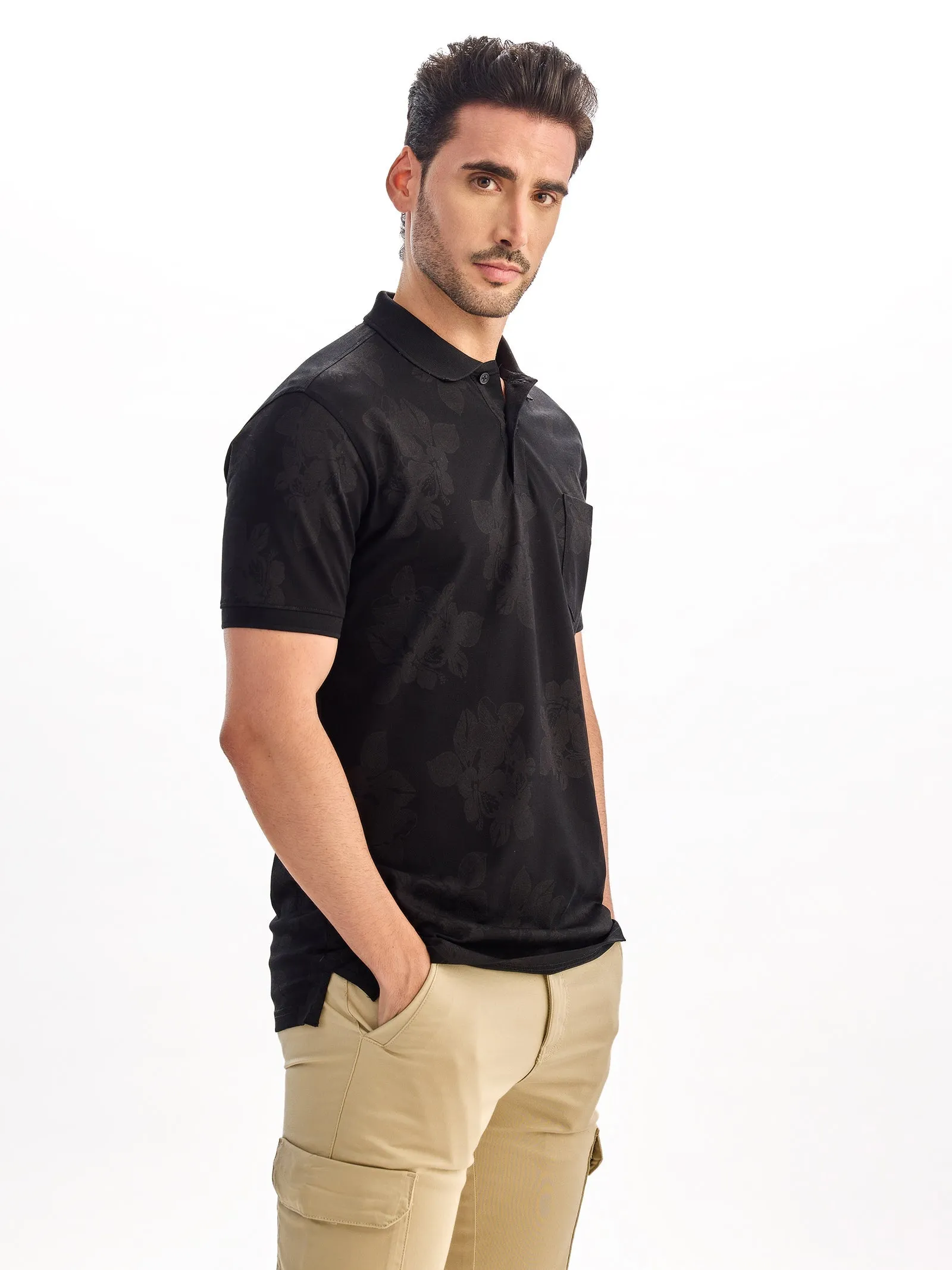 Black Printed Polo T-Shirt