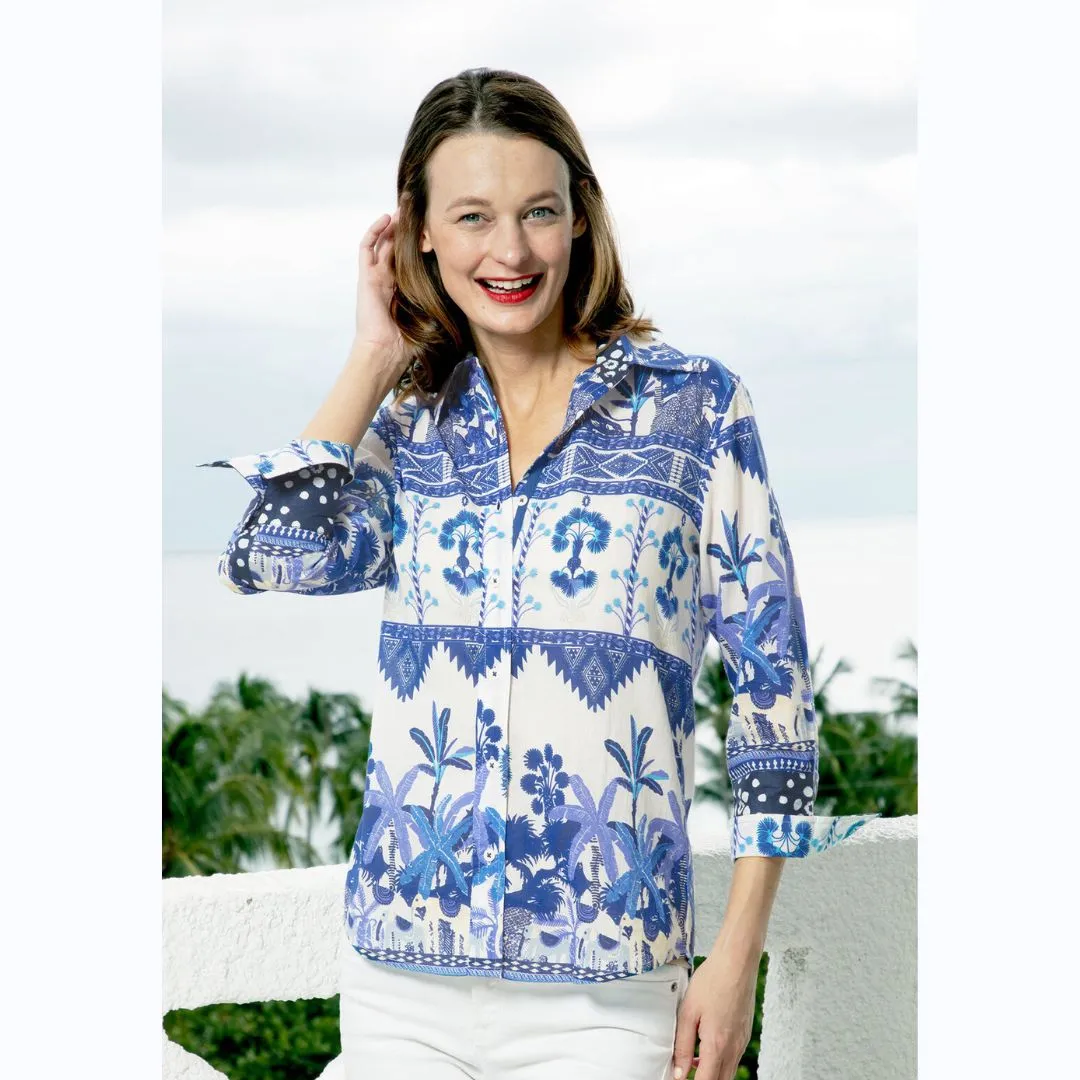 Blue & White Tropical Ikat Shirt