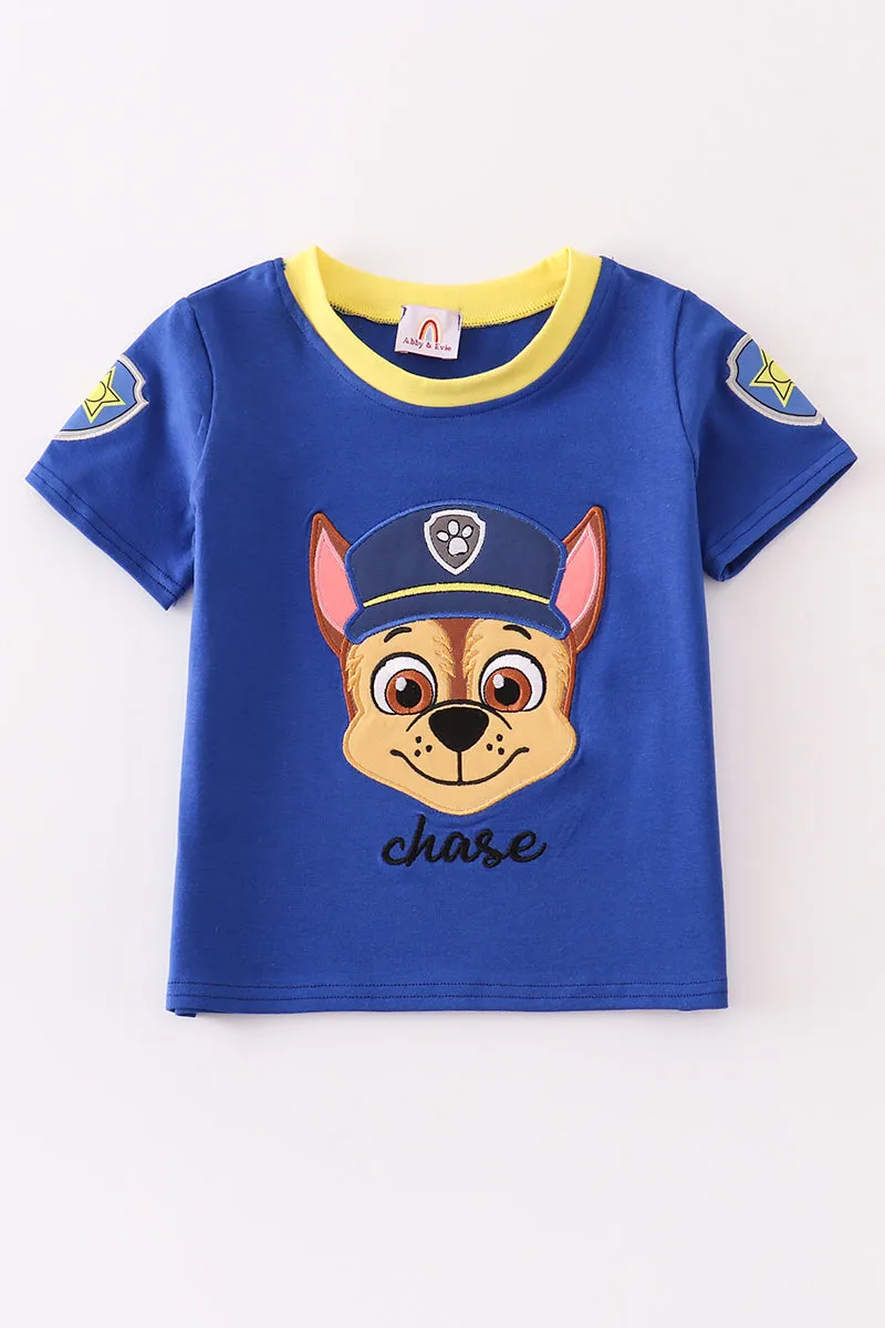 Blue character applique boy top