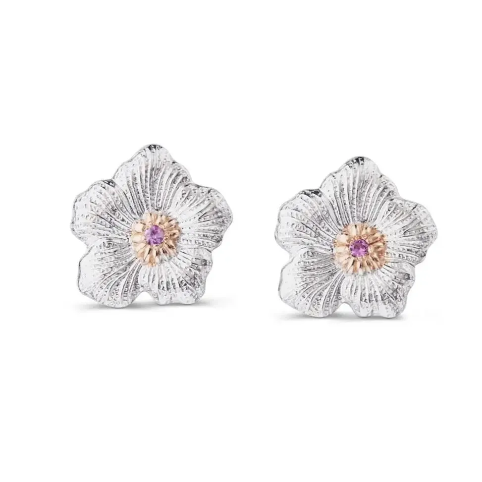 Buccellati - Blossoms Gardenia - Small Button Earrings, Pink Sapphires, Sterling Silver, Gold Accents