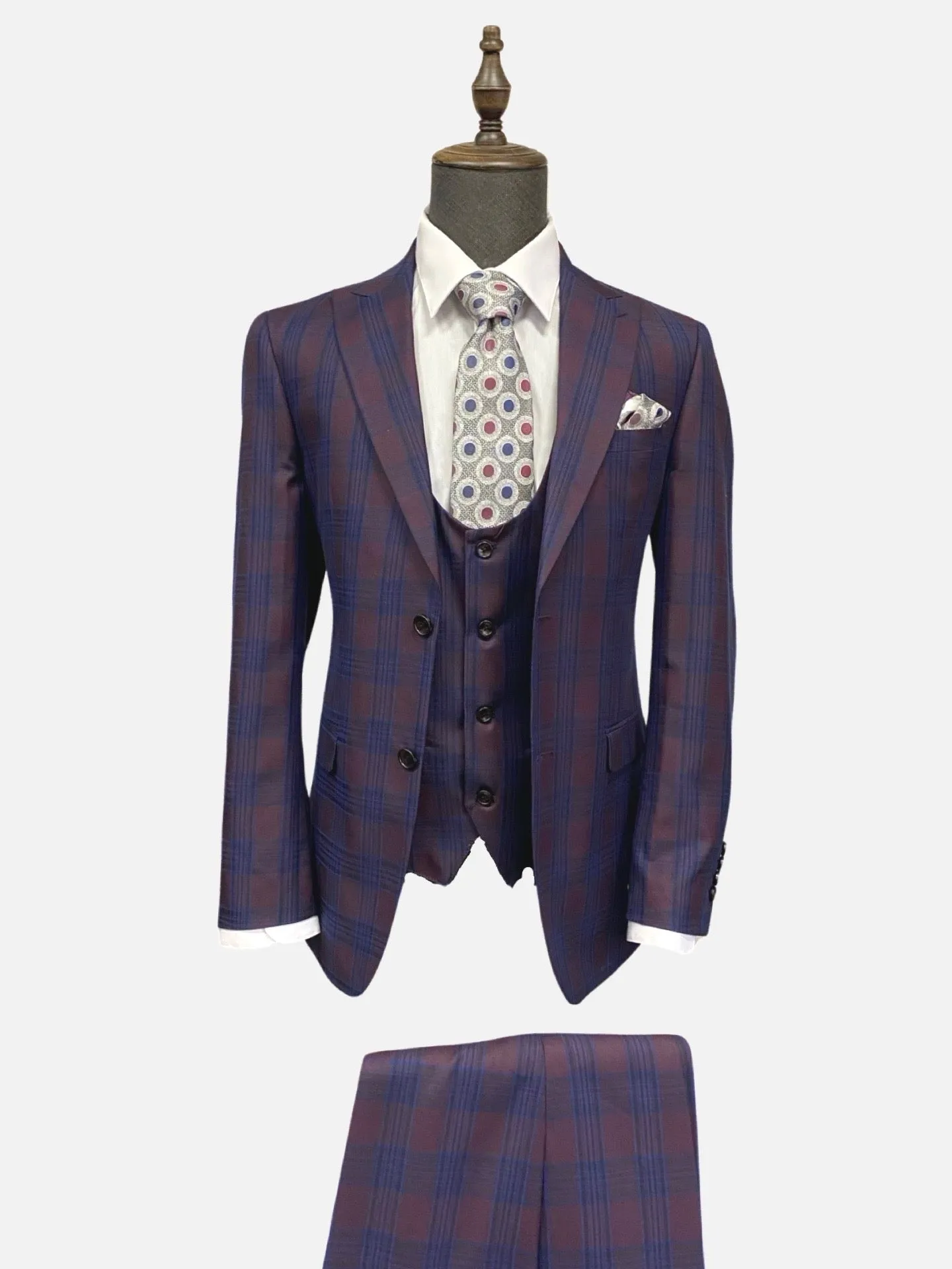 Classic Burgundy and Blue Plaid 3-Piece Suit with Peak Lapel - Slim Fit Mens