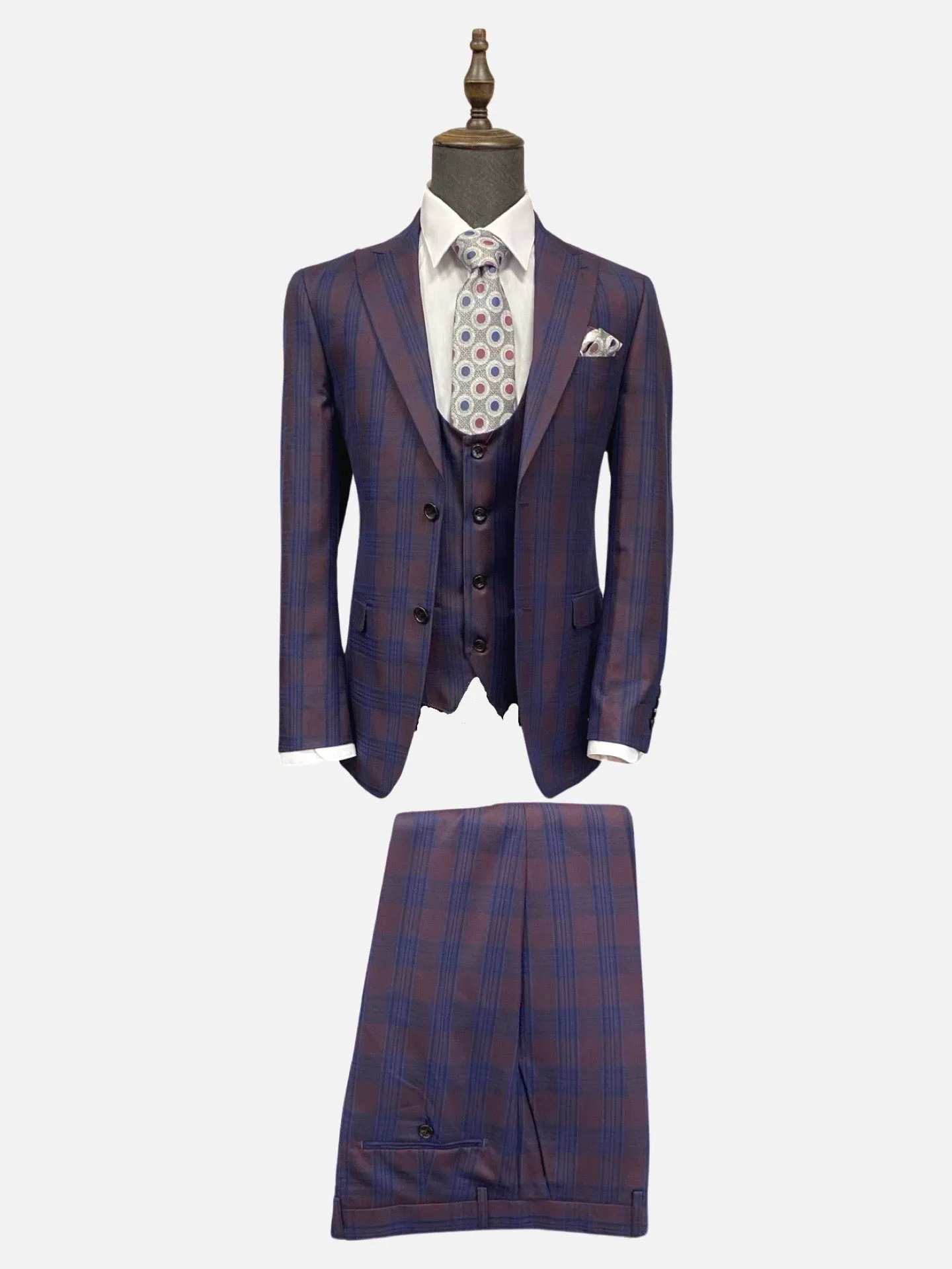 Classic Burgundy and Blue Plaid 3-Piece Suit with Peak Lapel - Slim Fit Mens