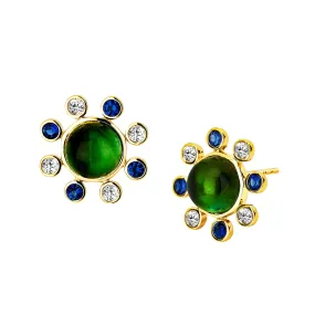 Cosmic Green Tourmaline and Blue Sapphire Studs