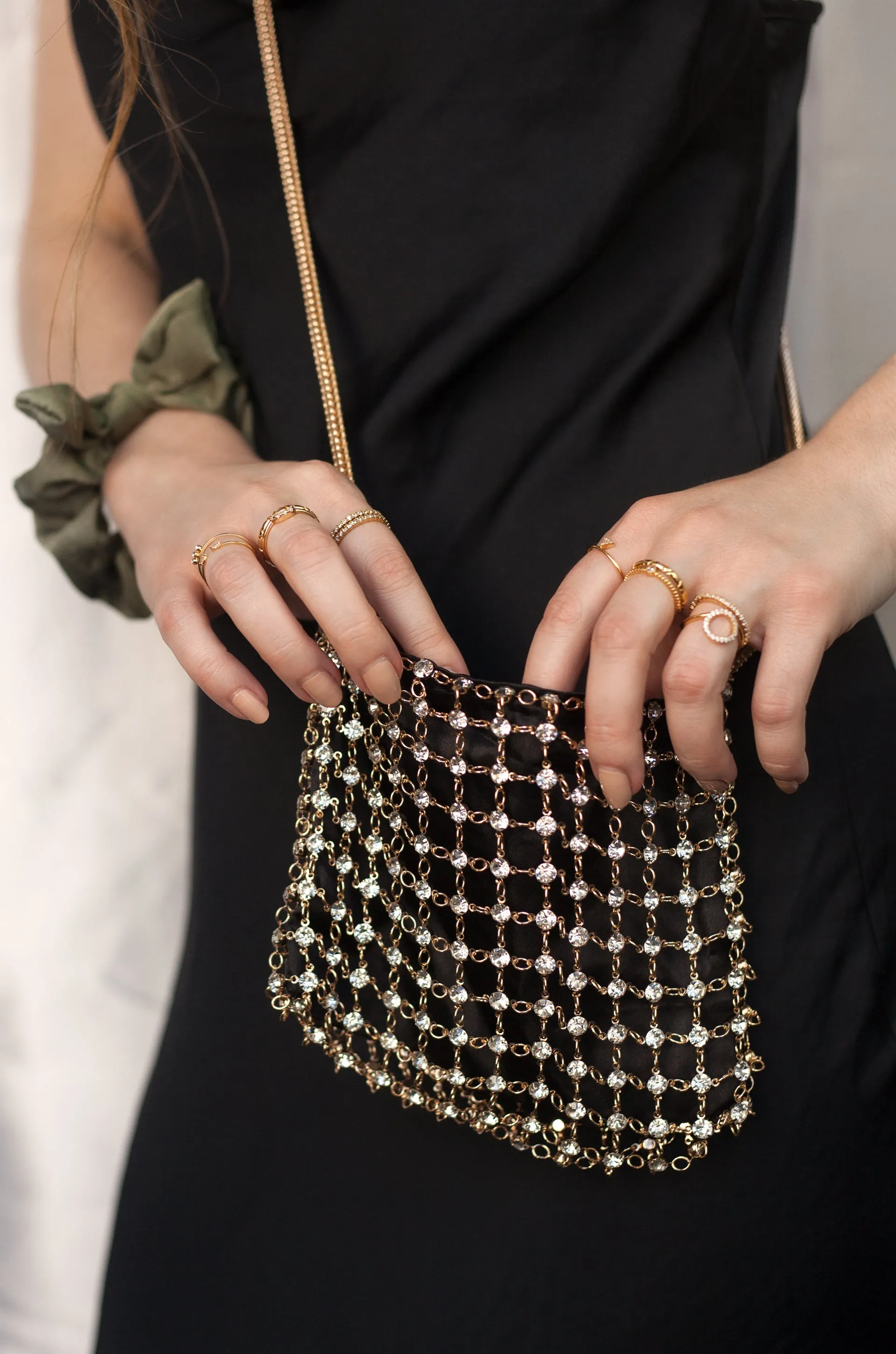 Crystal Criss Cross Chain Bag in Black & Gold