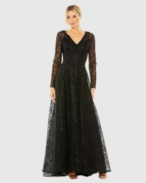 Crystal Embellished Long Sleeve V Neck Gown