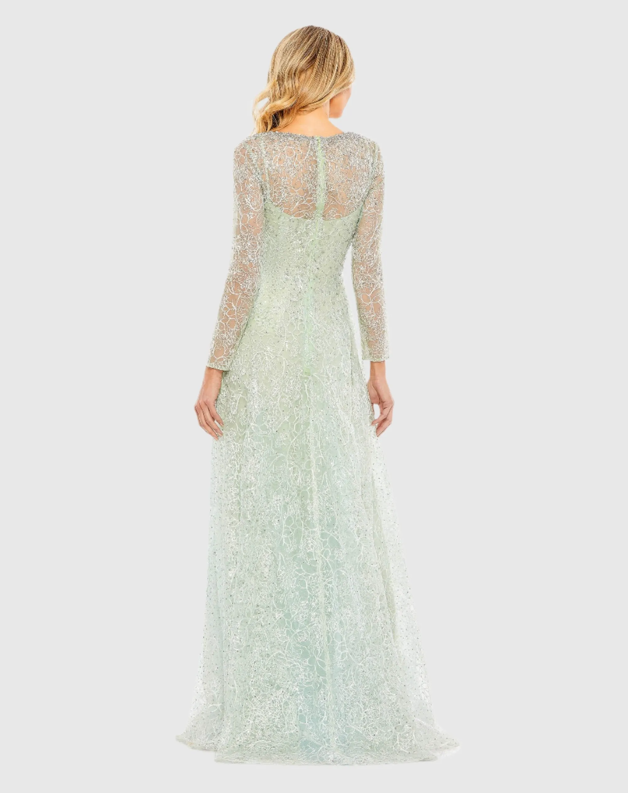 Crystal Embellished Long Sleeve V Neck Gown