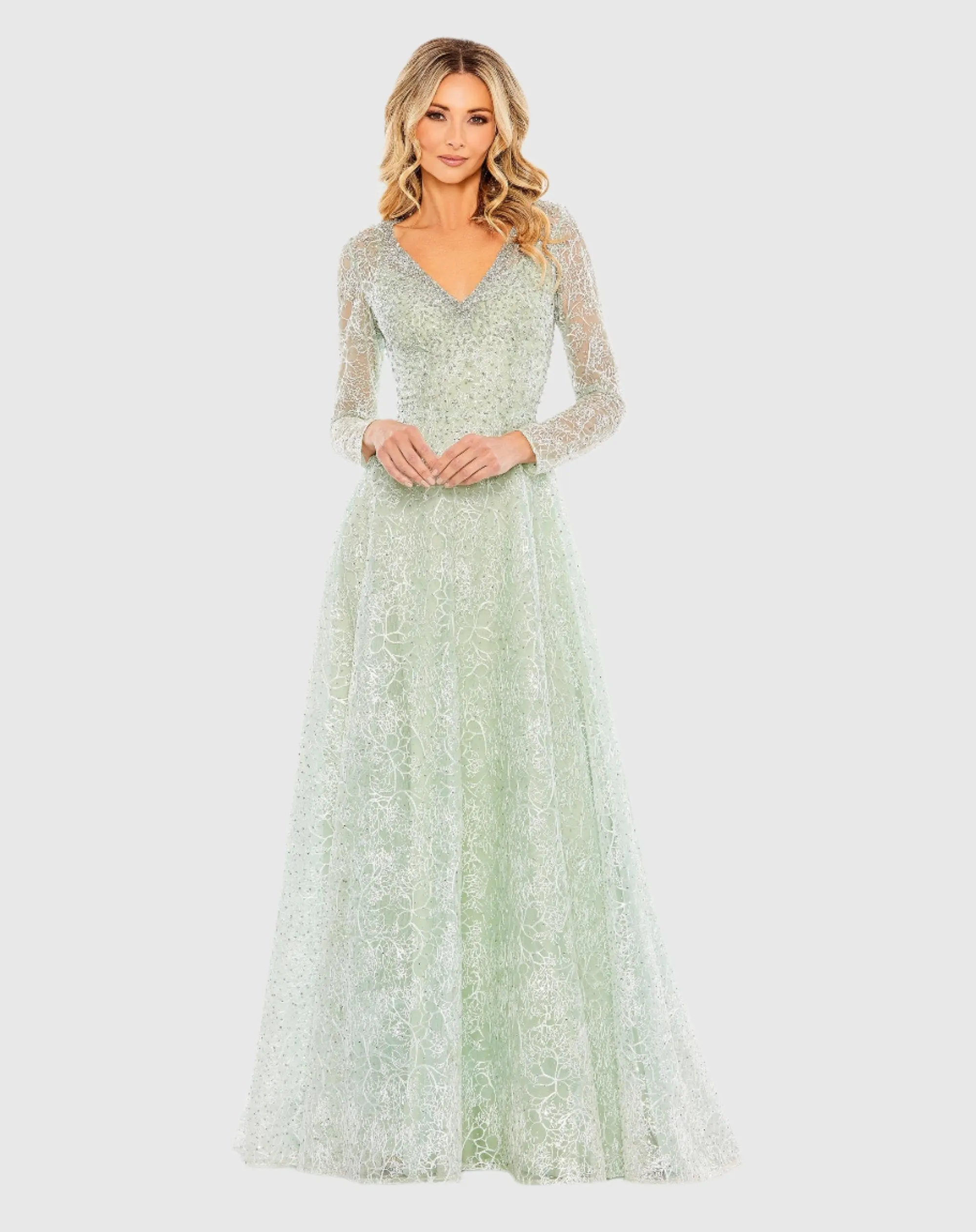 Crystal Embellished Long Sleeve V Neck Gown