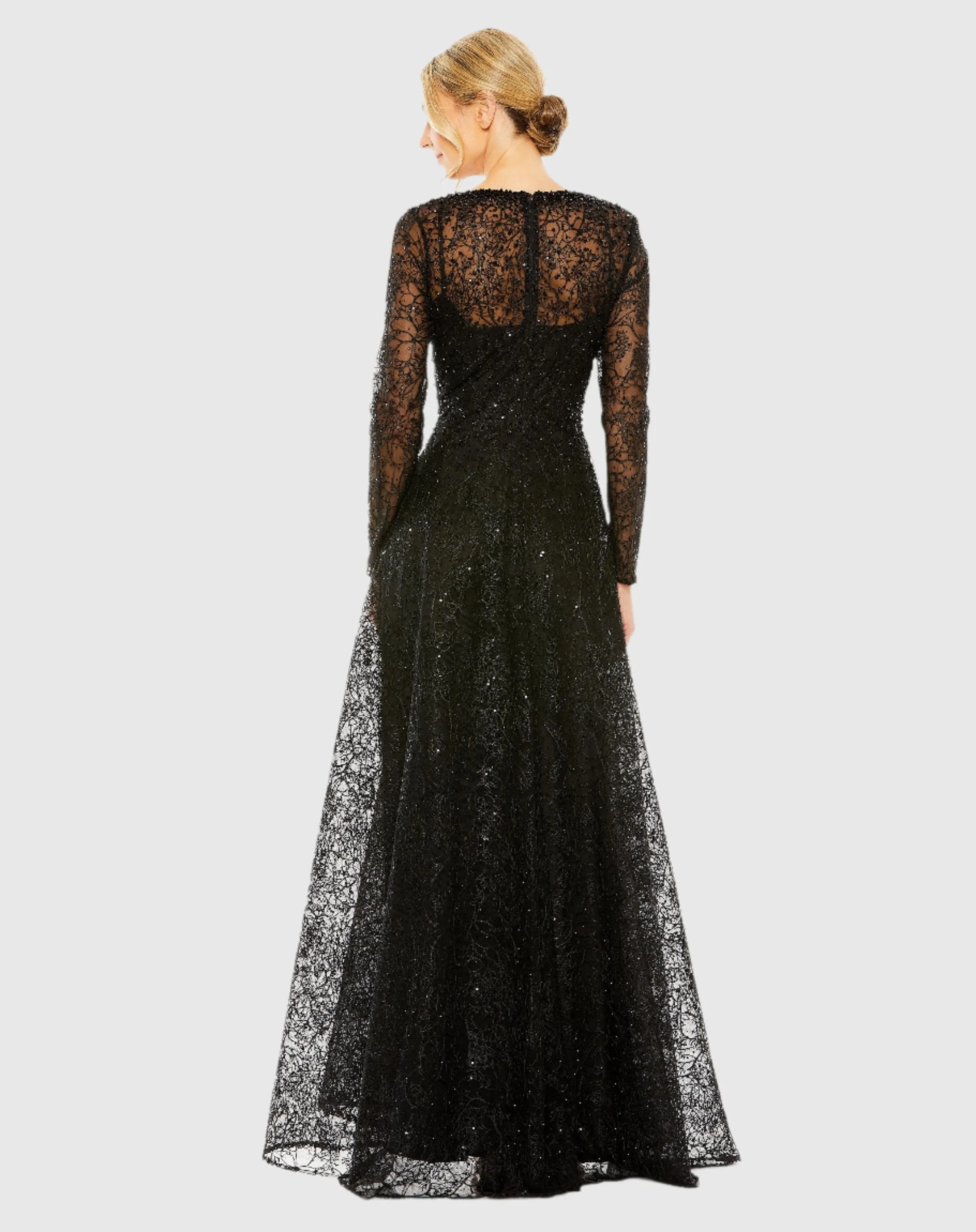 Crystal Embellished Long Sleeve V Neck Gown