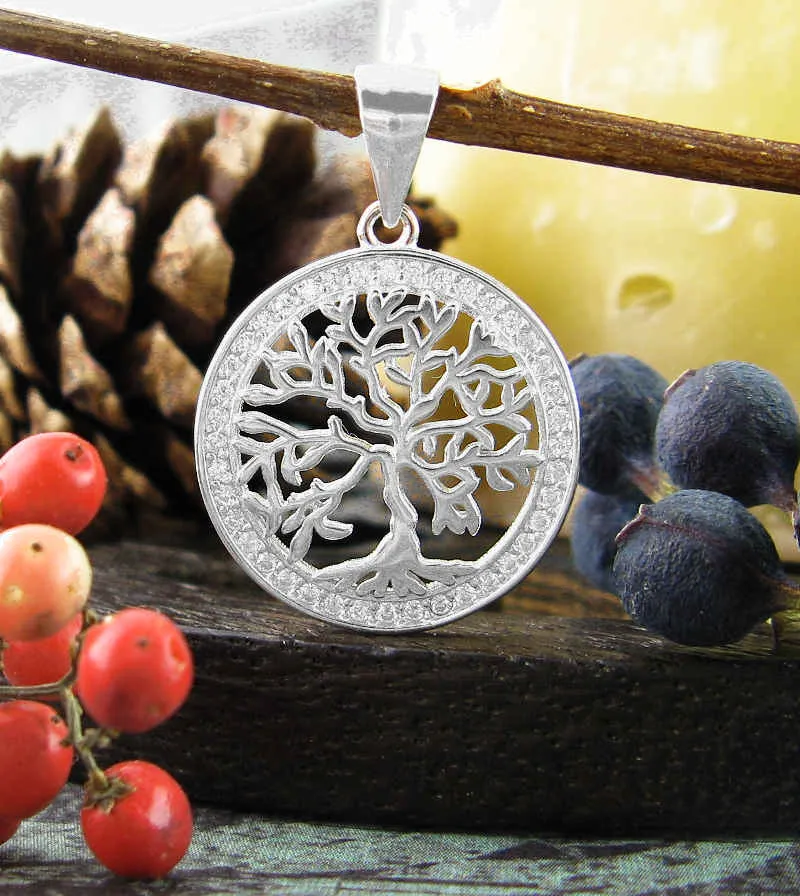 Dainty Tree of Life Pendant w/ Crystal Border