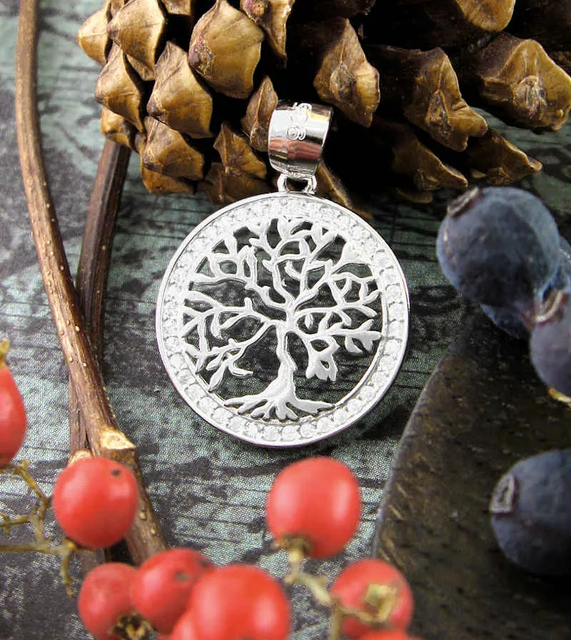 Dainty Tree of Life Pendant w/ Crystal Border