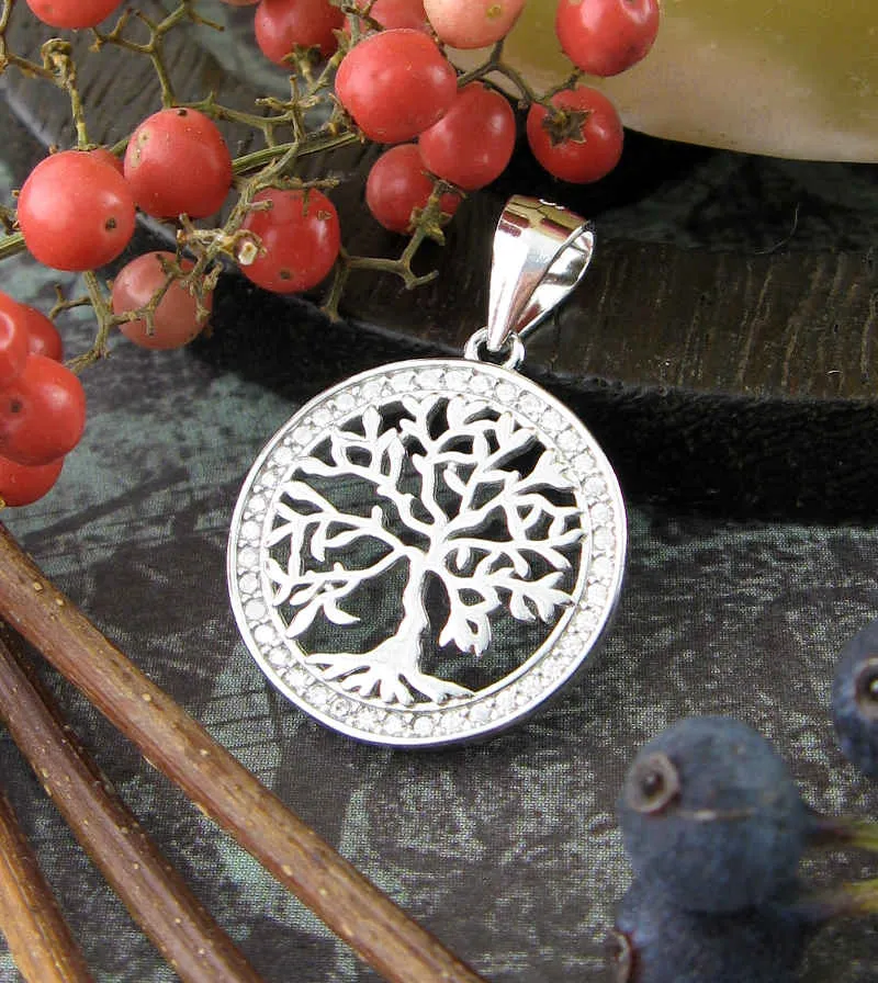 Dainty Tree of Life Pendant w/ Crystal Border