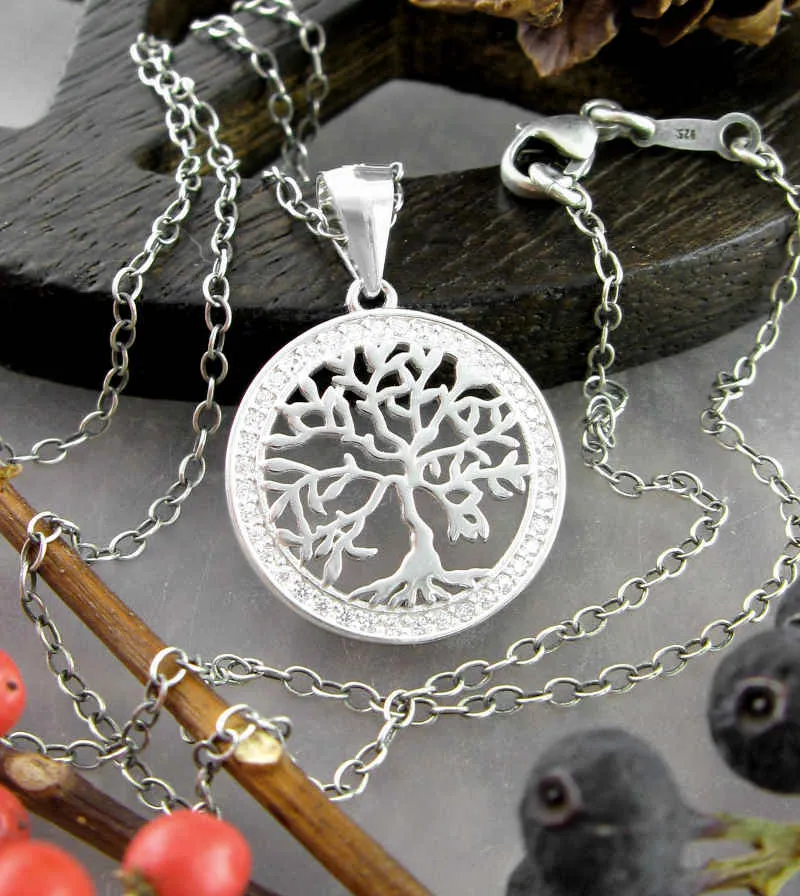 Dainty Tree of Life Pendant w/ Crystal Border