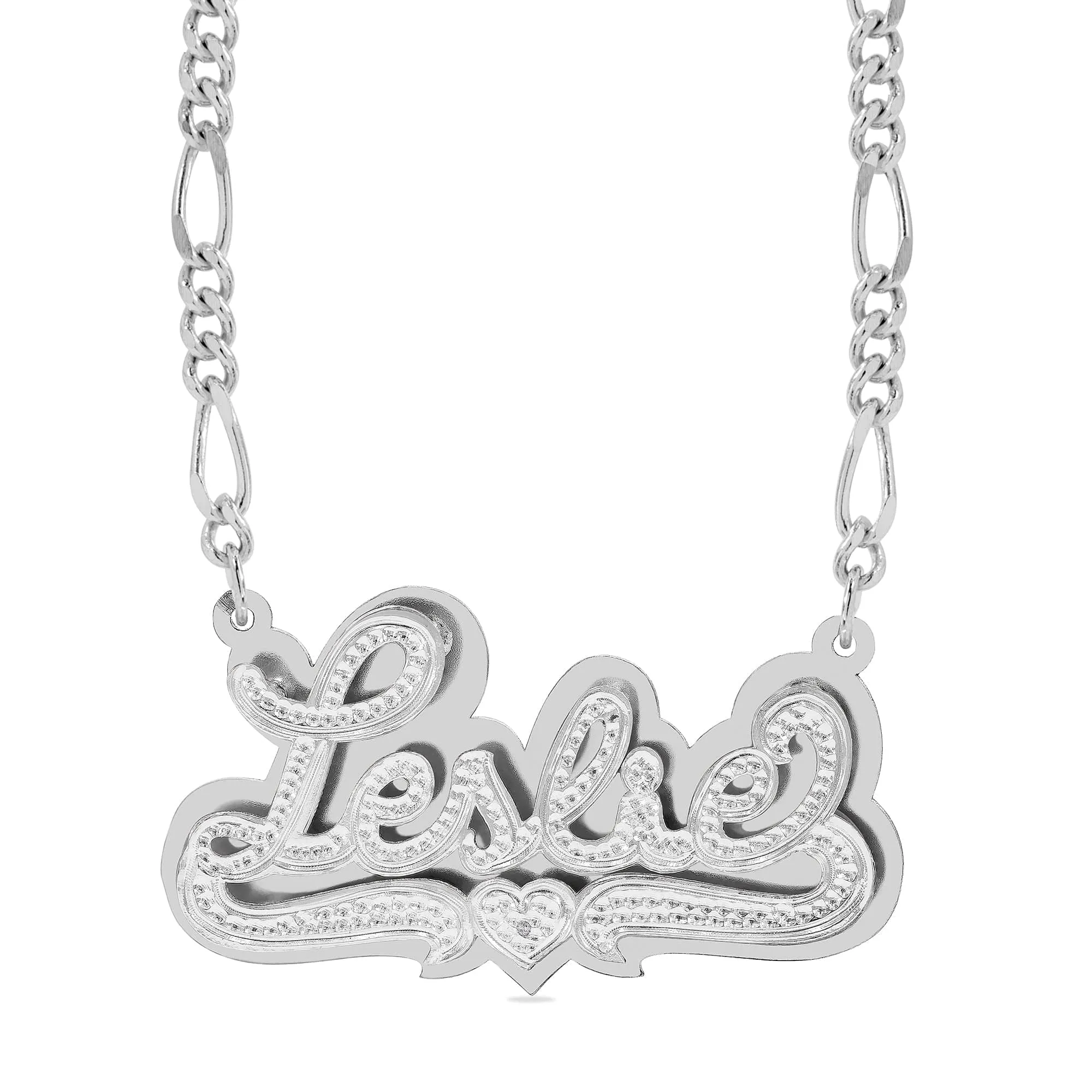 Double-plated Script Name Necklace with Beading/Rhodium. With Diamond Accent.