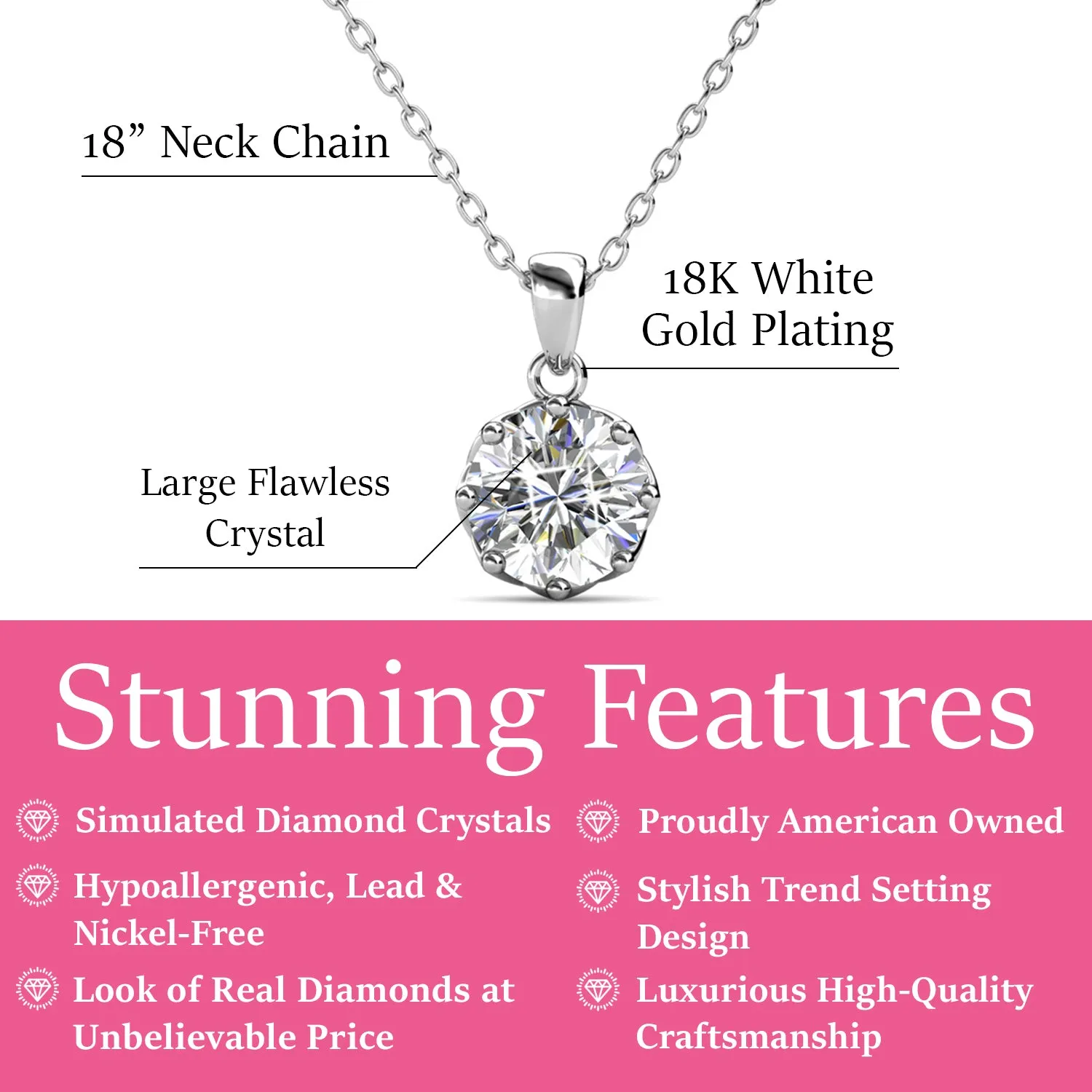 Eden Pure 18k White Gold Plated Pendant Necklace with Solitaire Round Cut Swarovski Crystal