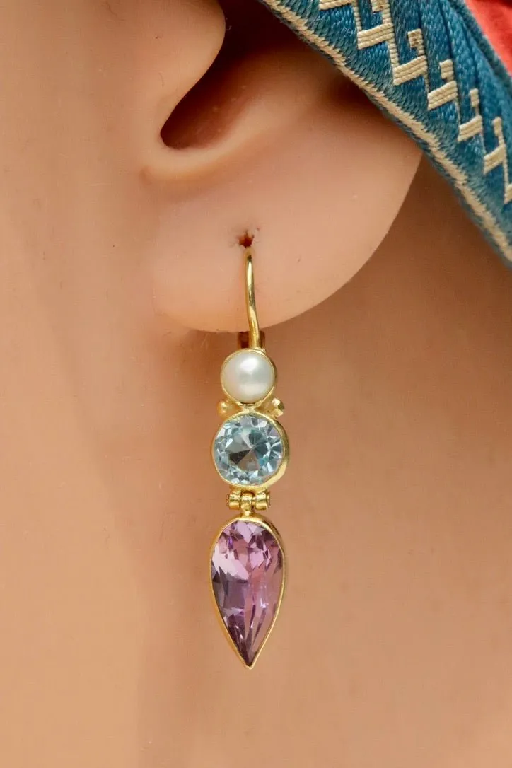 Ellen Terry 14k Gold, Amethyst, Blue Topaz and Pearl Earrings