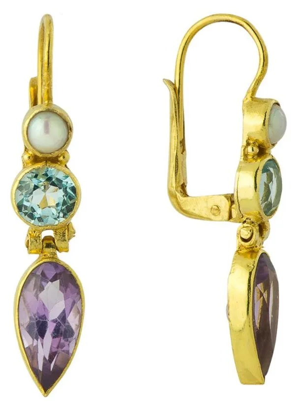 Ellen Terry 14k Gold, Amethyst, Blue Topaz and Pearl Earrings