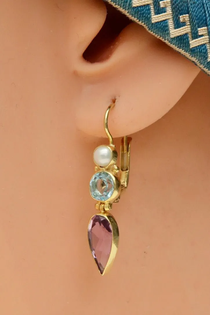 Ellen Terry 14k Gold, Amethyst, Blue Topaz and Pearl Earrings