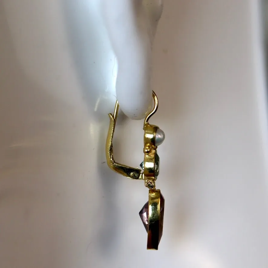 Ellen Terry 14k Gold, Amethyst, Blue Topaz and Pearl Earrings