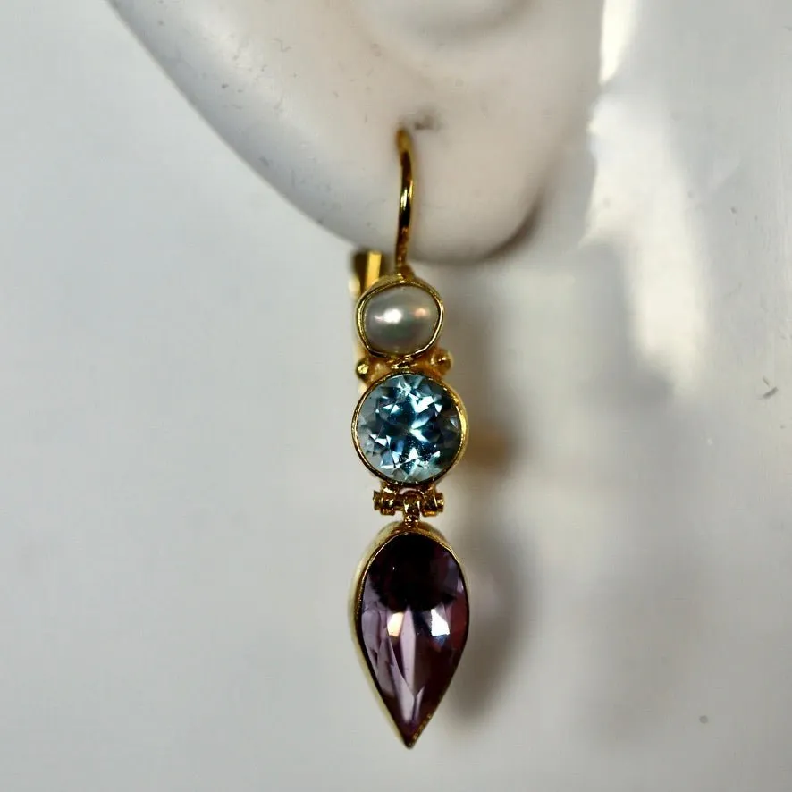 Ellen Terry 14k Gold, Amethyst, Blue Topaz and Pearl Earrings