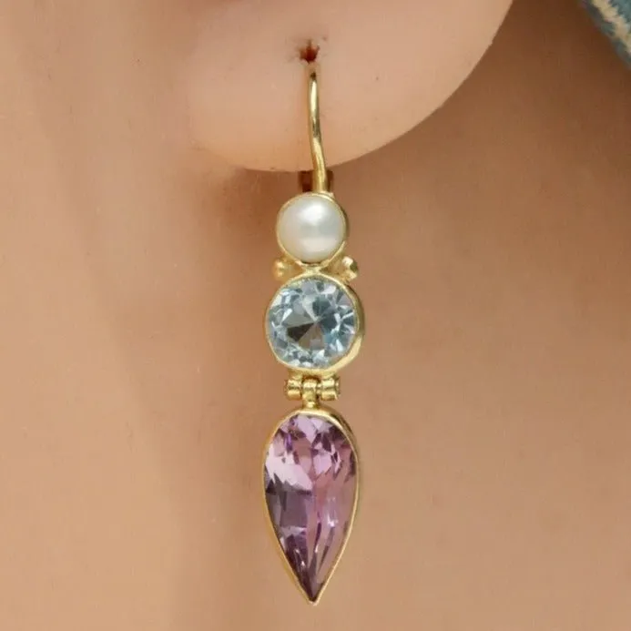 Ellen Terry 14k Gold, Amethyst, Blue Topaz and Pearl Earrings