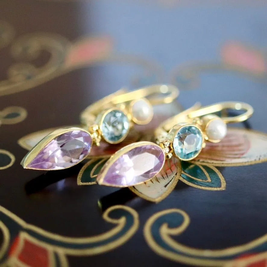 Ellen Terry 14k Gold, Amethyst, Blue Topaz and Pearl Earrings