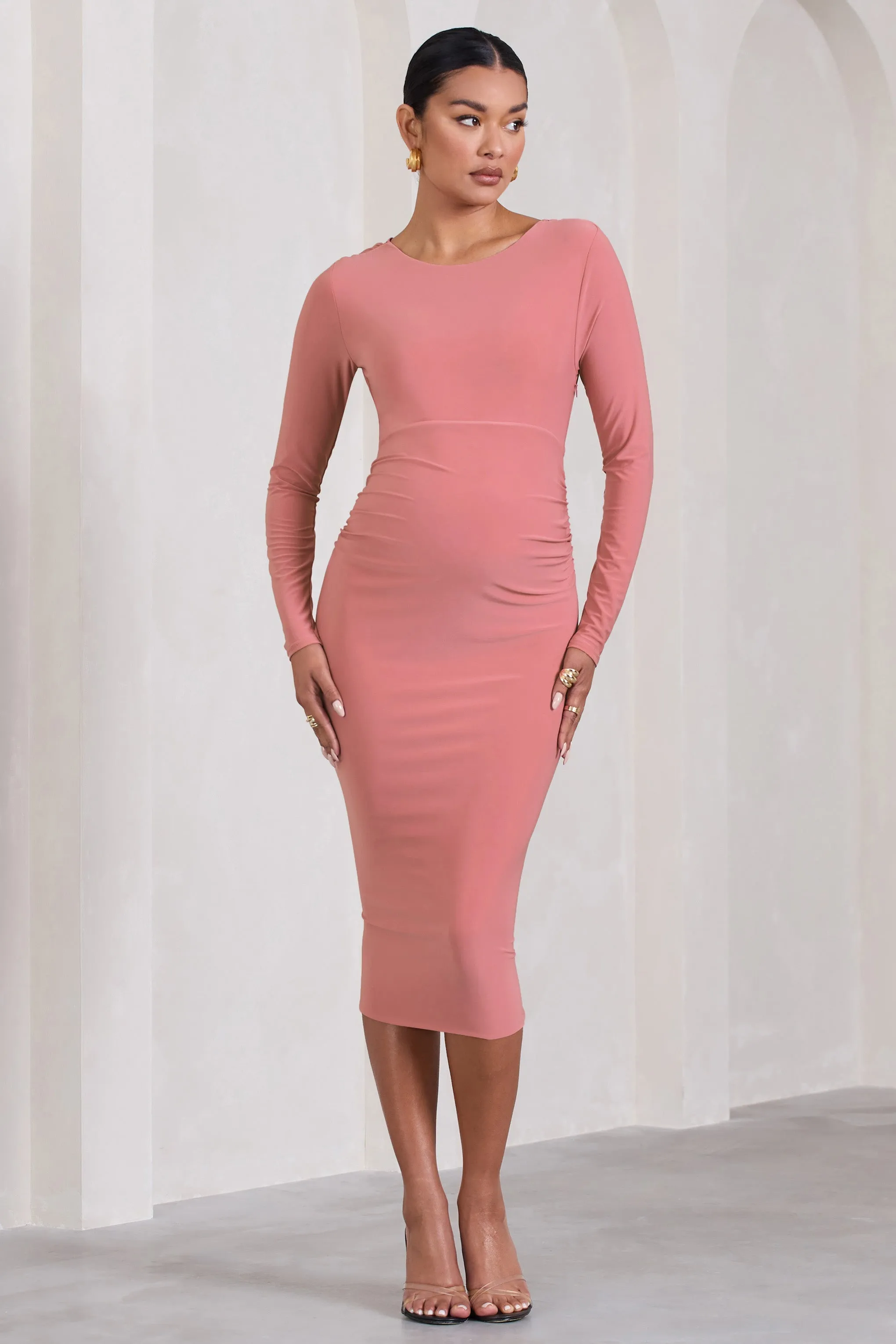 Embrace | Blush Pink Long-Sleeved Maternity Midi Dress