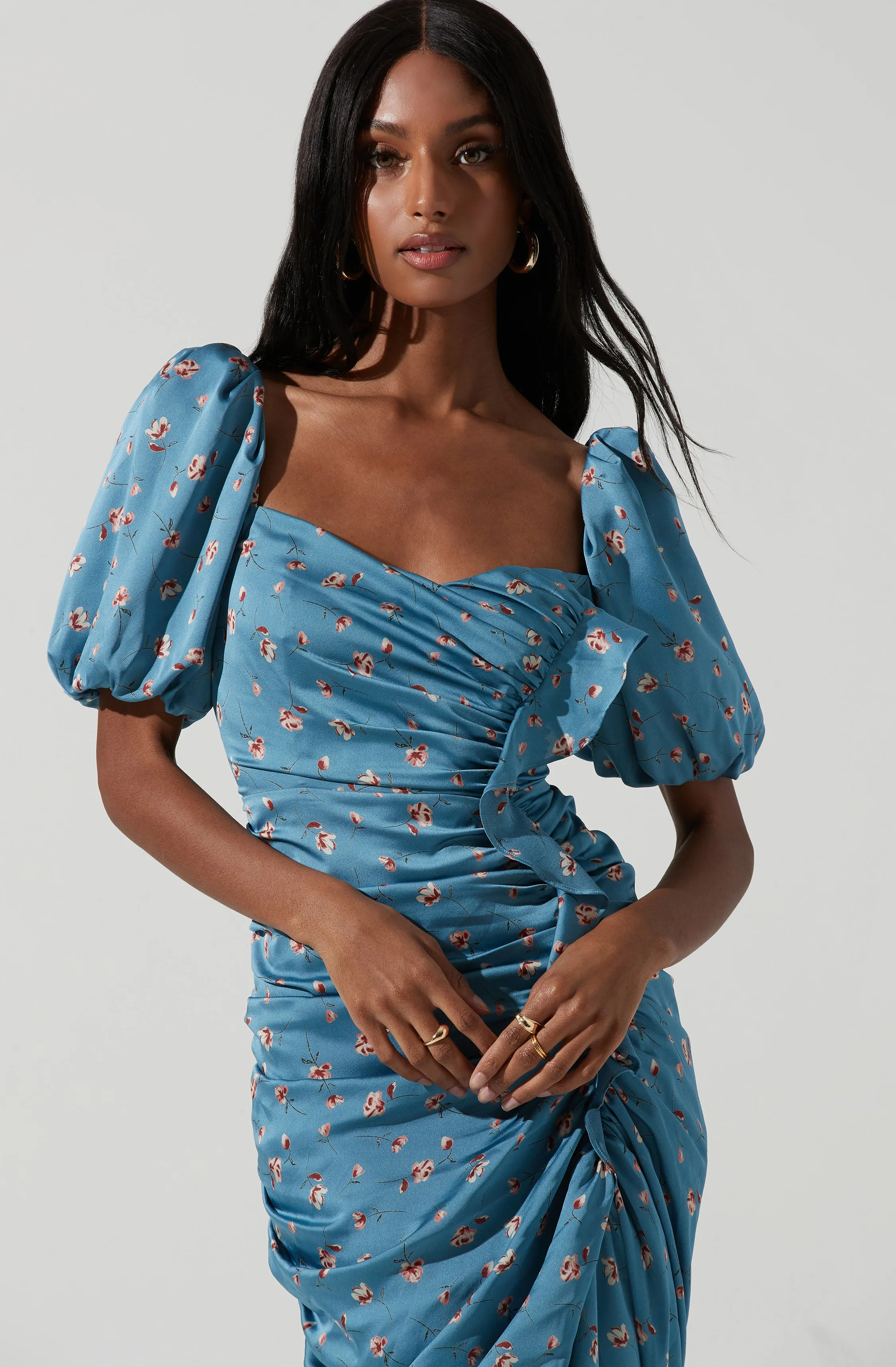 Emma Floral Ruched Bubble Sleeve Midi Dress